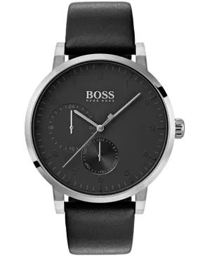 Hugo Boss Mens Oxygen Watch - Stainless Steel - Black Dial - Black Leather Strap