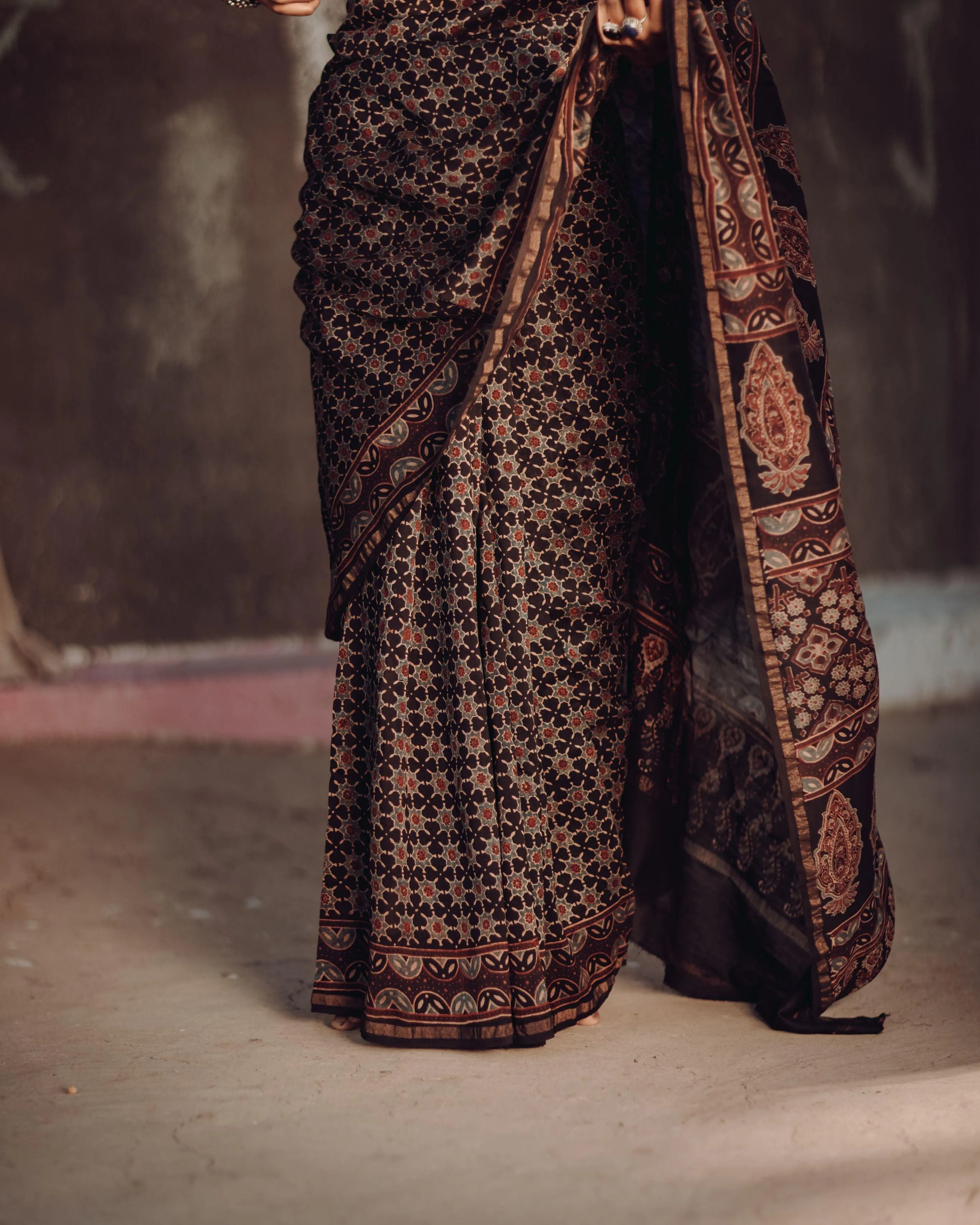 Jharokha -Black silk cotton Ajrakh handblockprinted saree