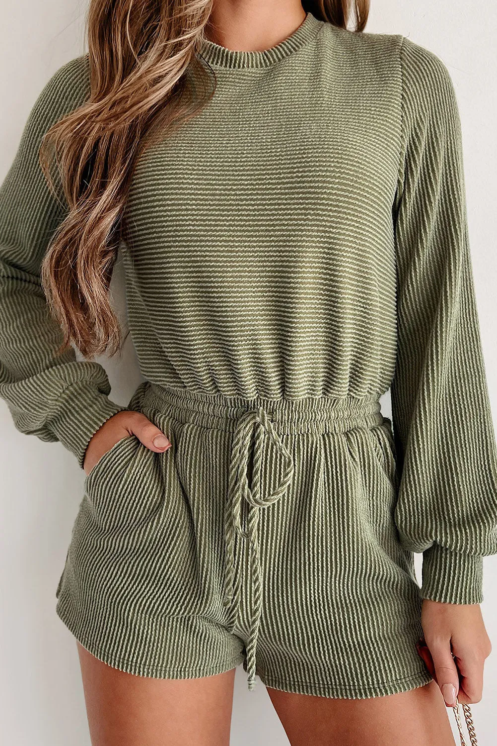 Jungle Green Corded Pullover Long Sleeve Drawstring Romper