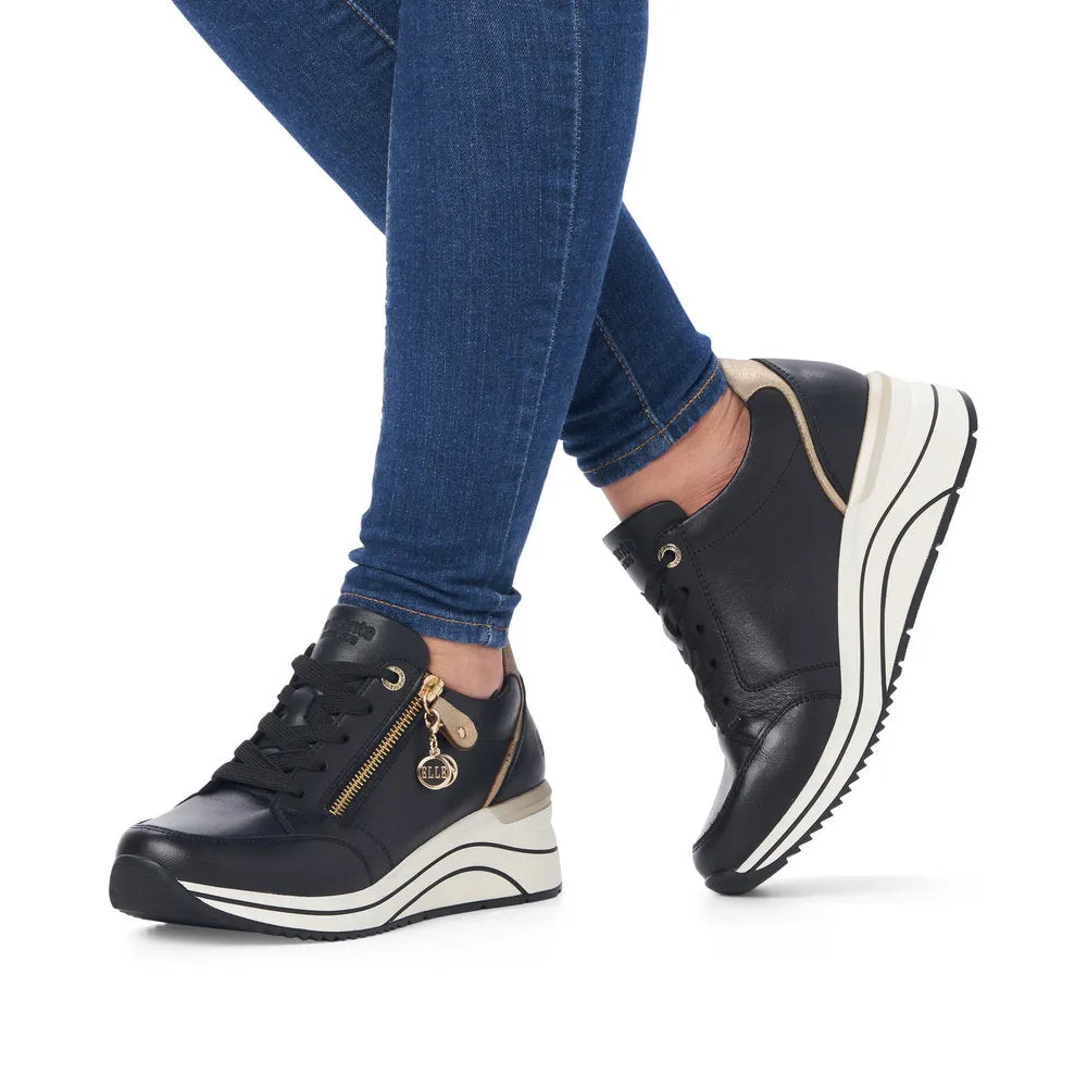 Ladies Lace Up Trainers Sneakers Black Zip Wedge D0T03-01 sale