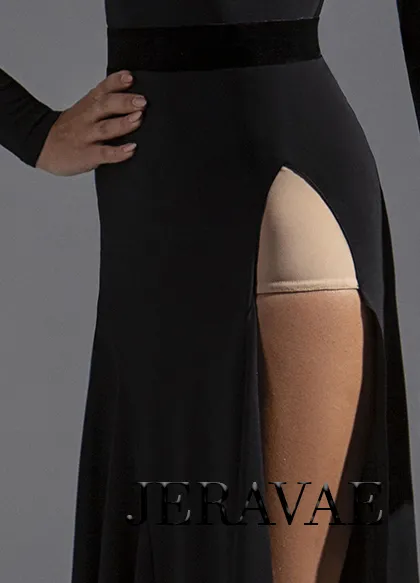 Latin Practice Skirt with High Side Slit, Velvet Waistband, and Flutter V-Cut Hem in Black, Red, or Brown PRA 581