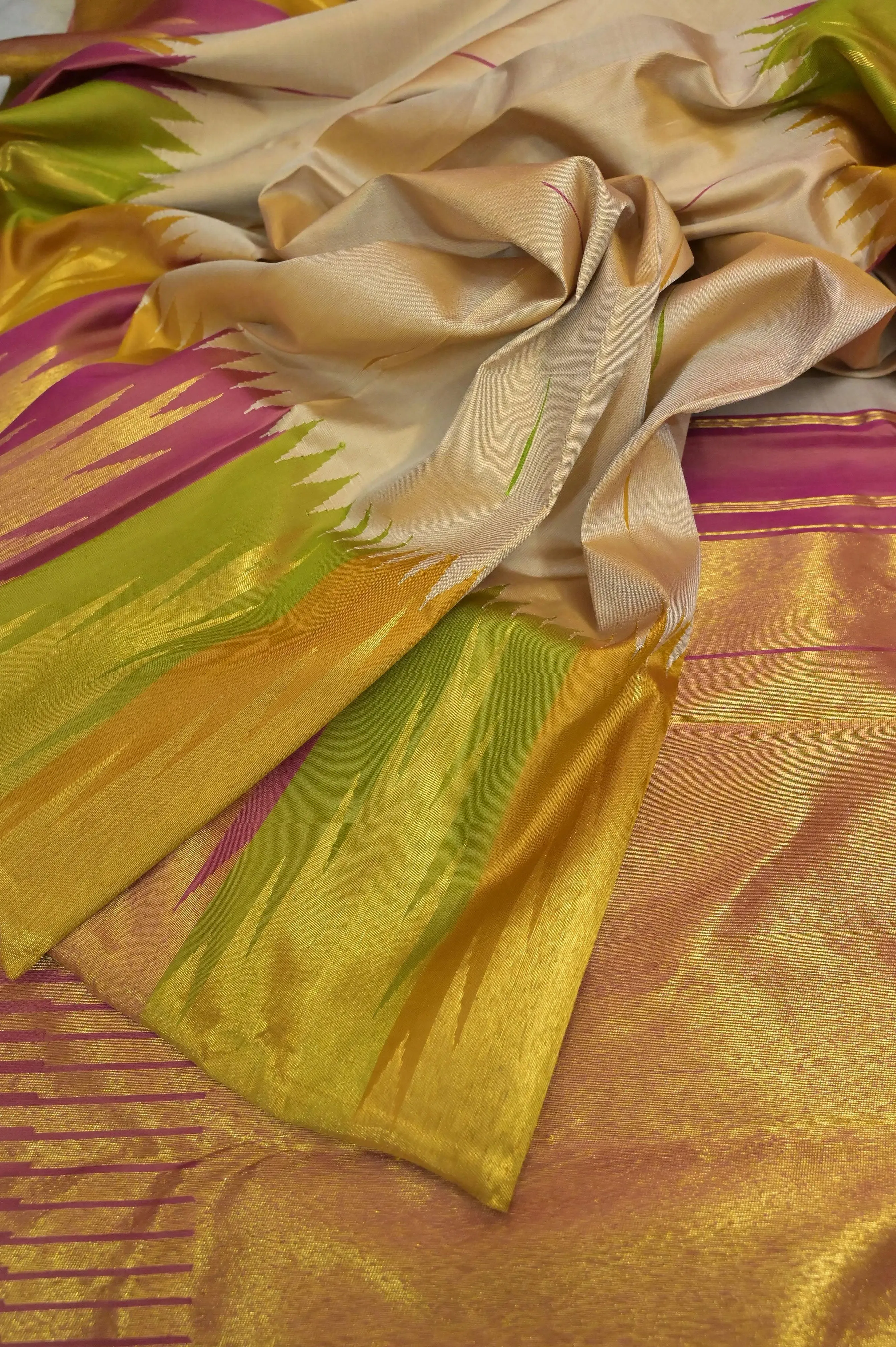 Light Sandal Color Kanjeevaram Silk Saree with Double Side Korvai and Putta Handloom