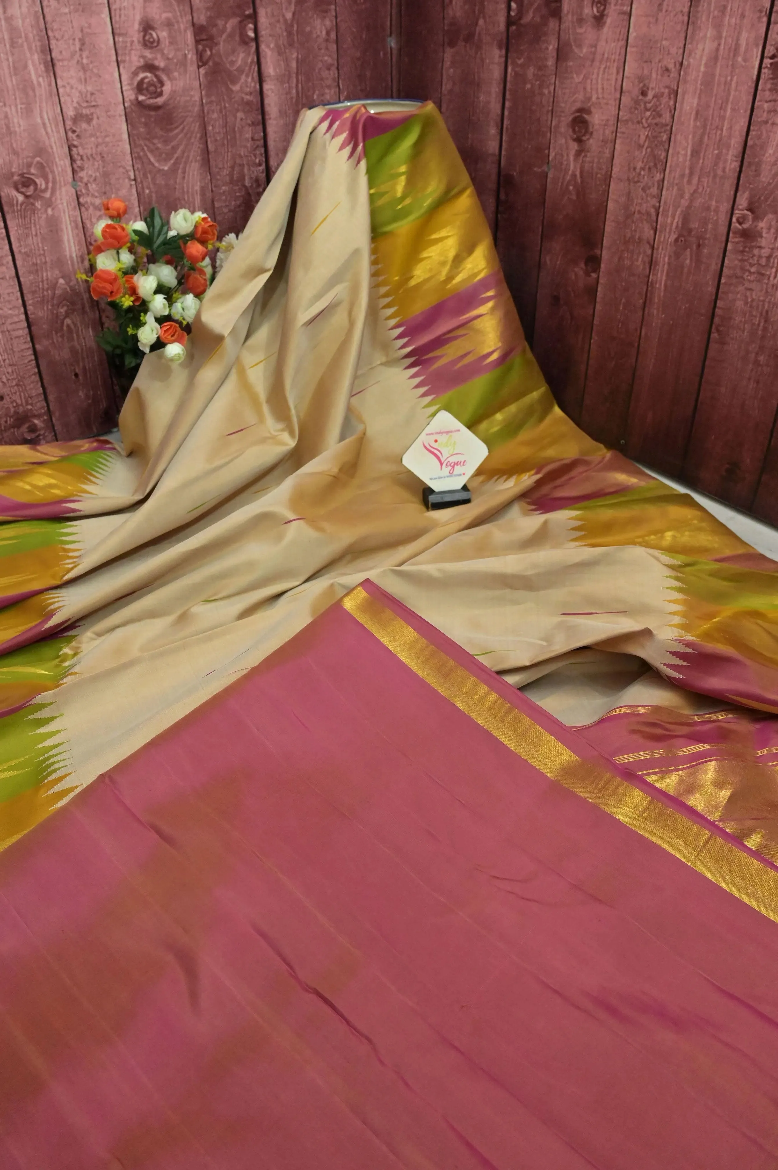 Light Sandal Color Kanjeevaram Silk Saree with Double Side Korvai and Putta Handloom