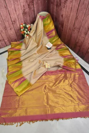 Light Sandal Color Kanjeevaram Silk Saree with Double Side Korvai and Putta Handloom