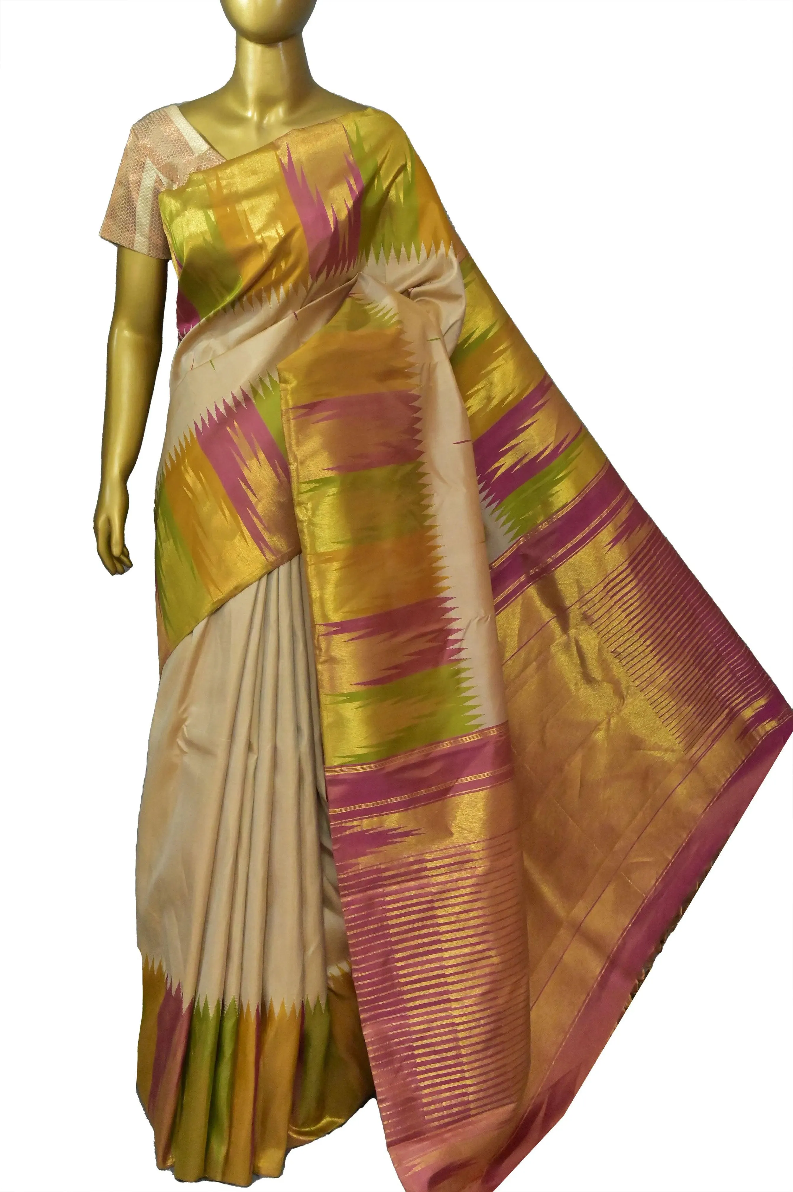 Light Sandal Color Kanjeevaram Silk Saree with Double Side Korvai and Putta Handloom