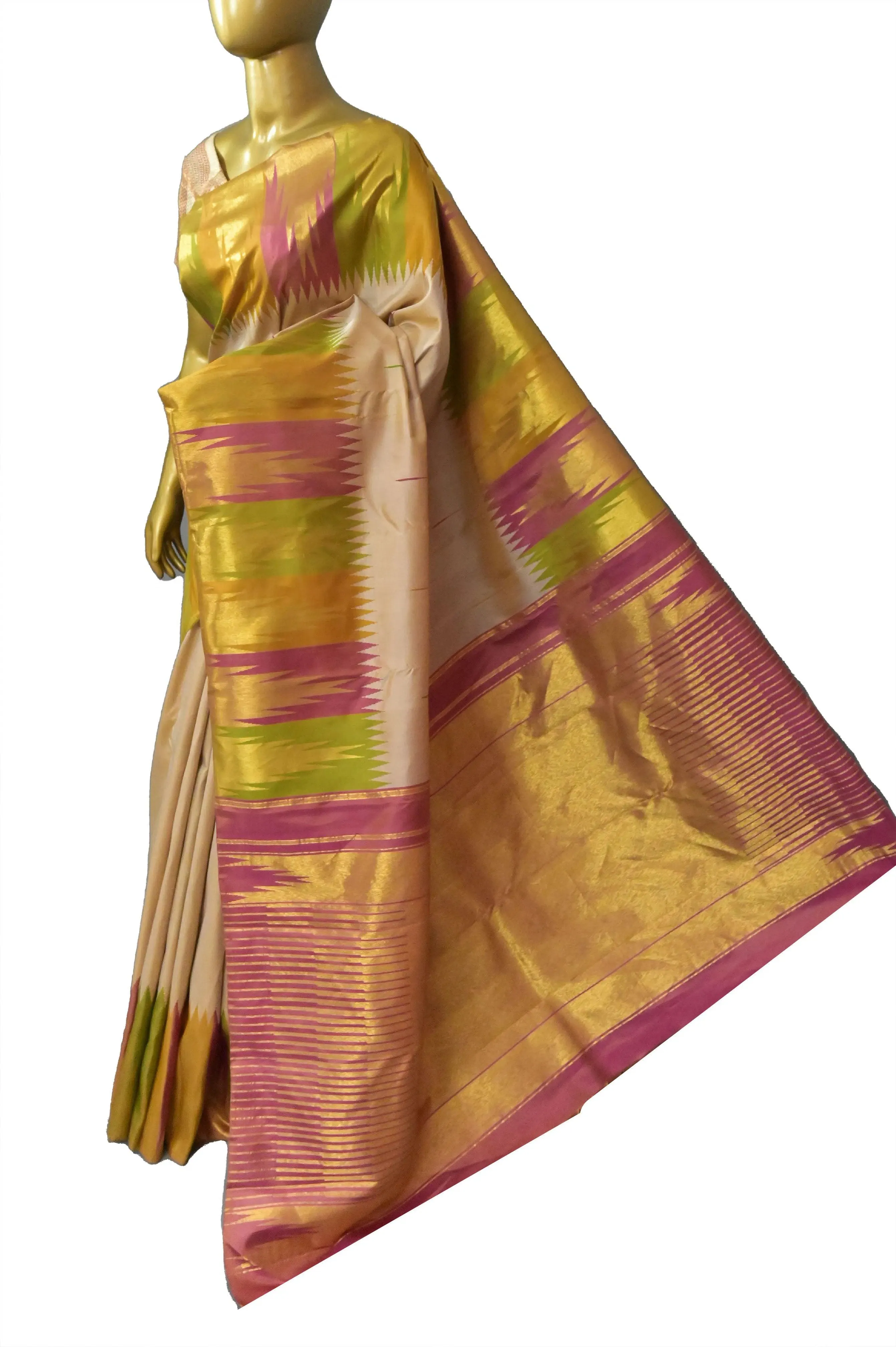 Light Sandal Color Kanjeevaram Silk Saree with Double Side Korvai and Putta Handloom