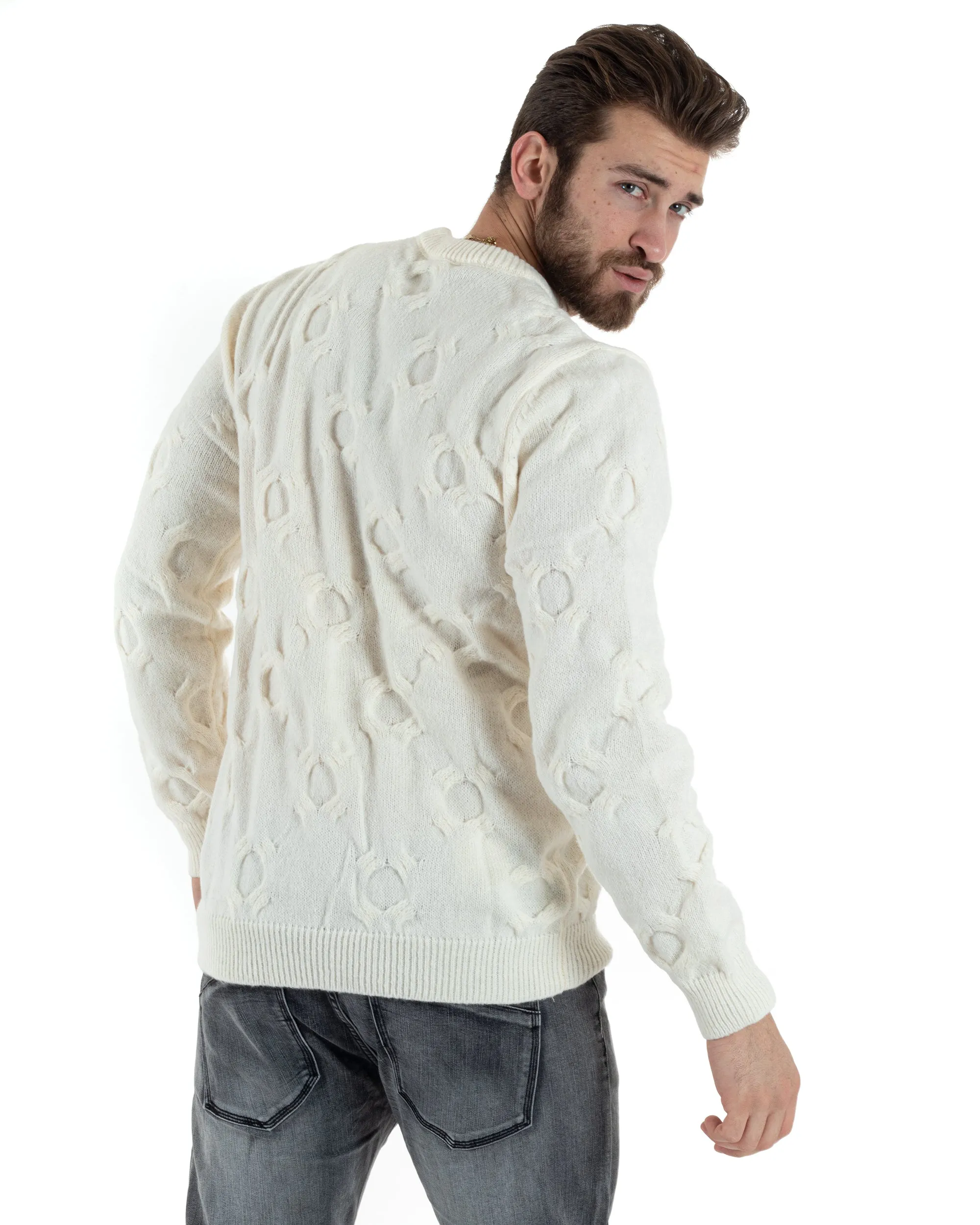 Maglione Uomo Girocollo Maglia Maglioncino Intrecciato Cerchi Panna GIOSAL-M2799A