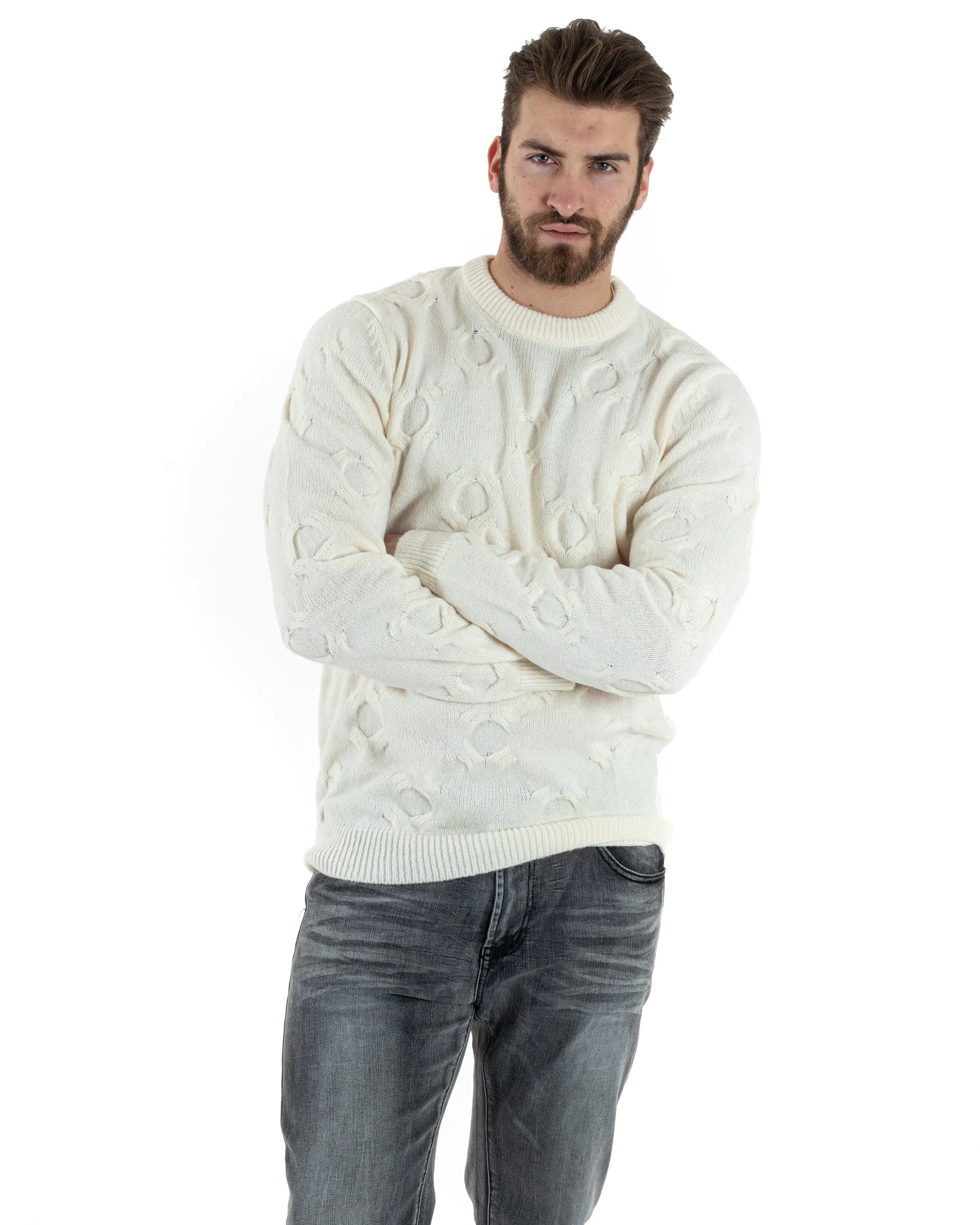 Maglione Uomo Girocollo Maglia Maglioncino Intrecciato Cerchi Panna GIOSAL-M2799A