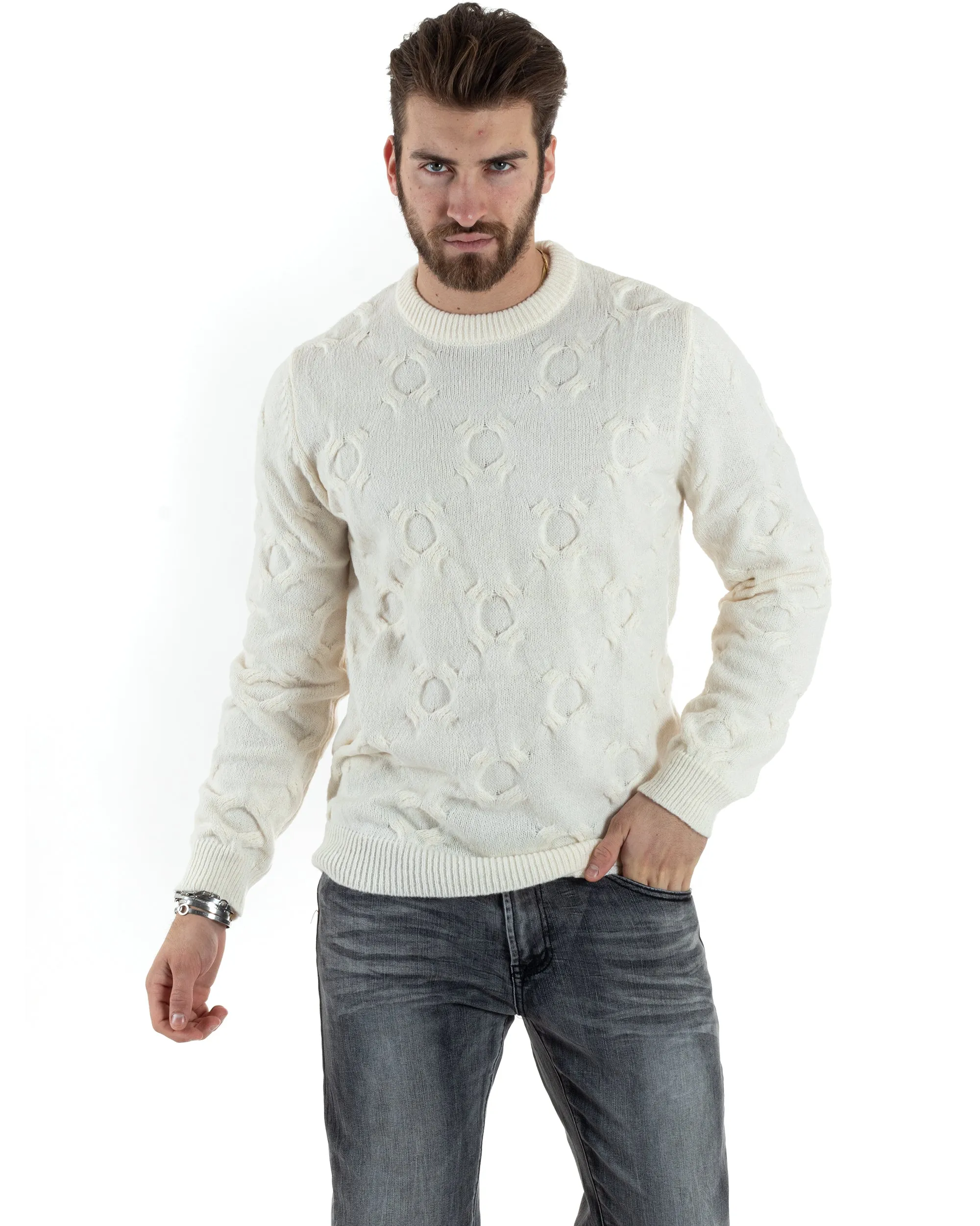 Maglione Uomo Girocollo Maglia Maglioncino Intrecciato Cerchi Panna GIOSAL-M2799A