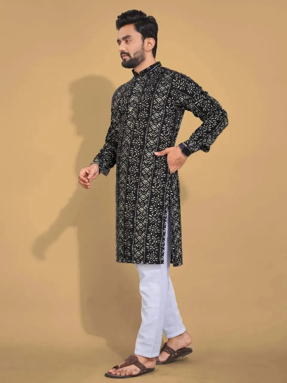 Men's Ethnic Cotton Black Kurta Pajama Set