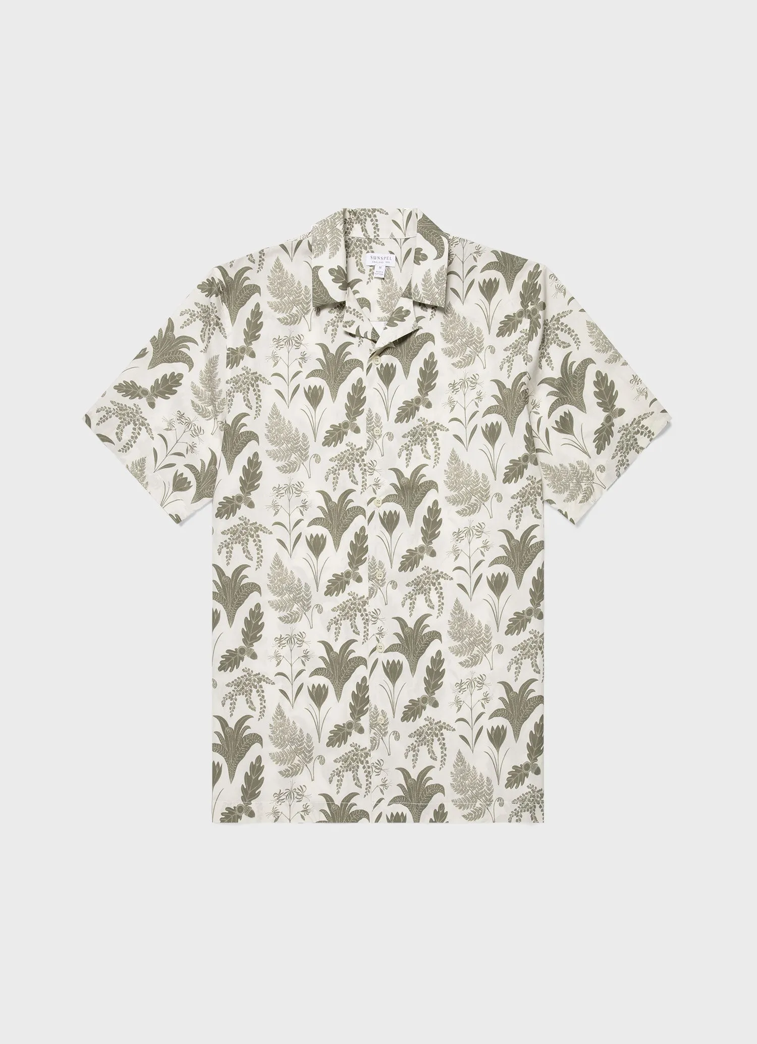 Men's Leaf Print Camp Collar Shirt in Ecru