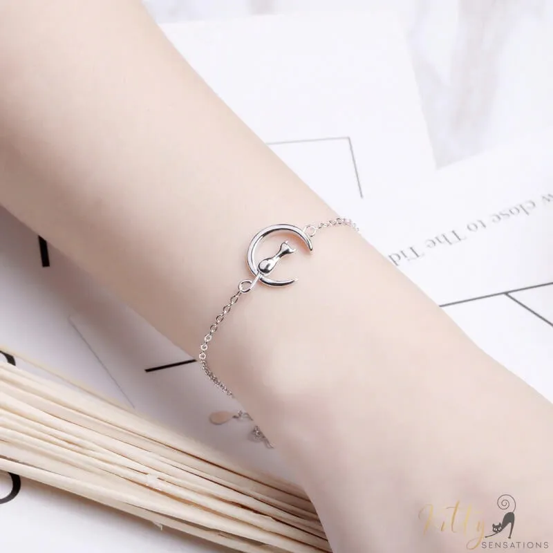 Moon Kitty Bracelet in Solid 925 Sterling Silver