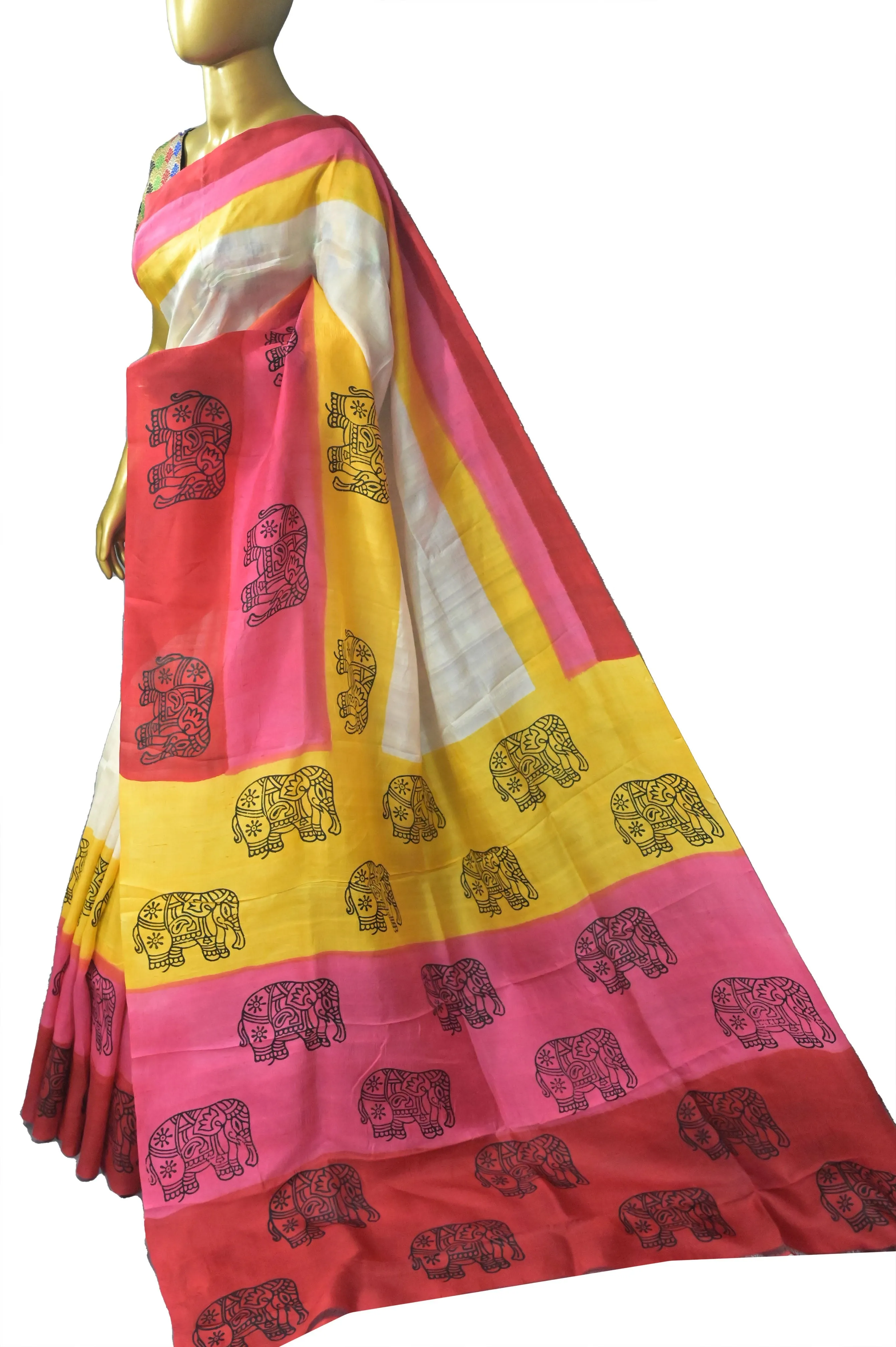 Multicolored Pure Bishnupur Silk with Brushing And Hand Block Work