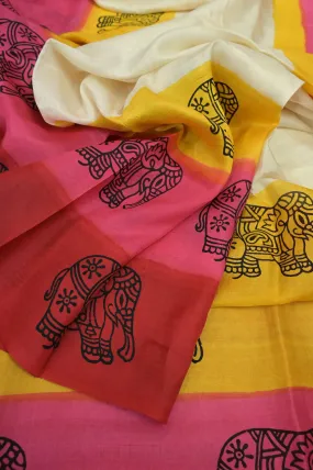 Multicolored Pure Bishnupur Silk with Brushing And Hand Block Work