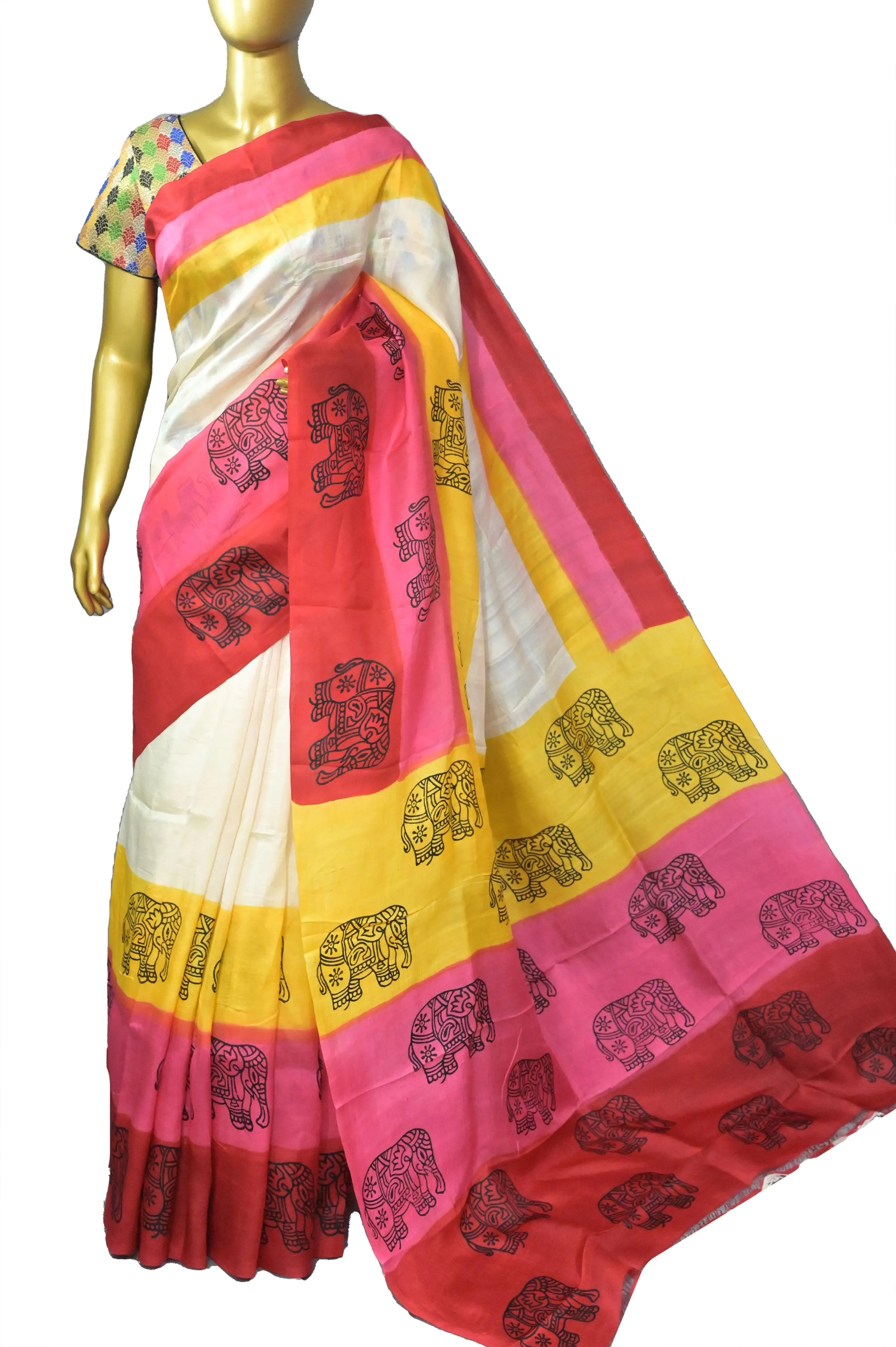 Multicolored Pure Bishnupur Silk with Brushing And Hand Block Work