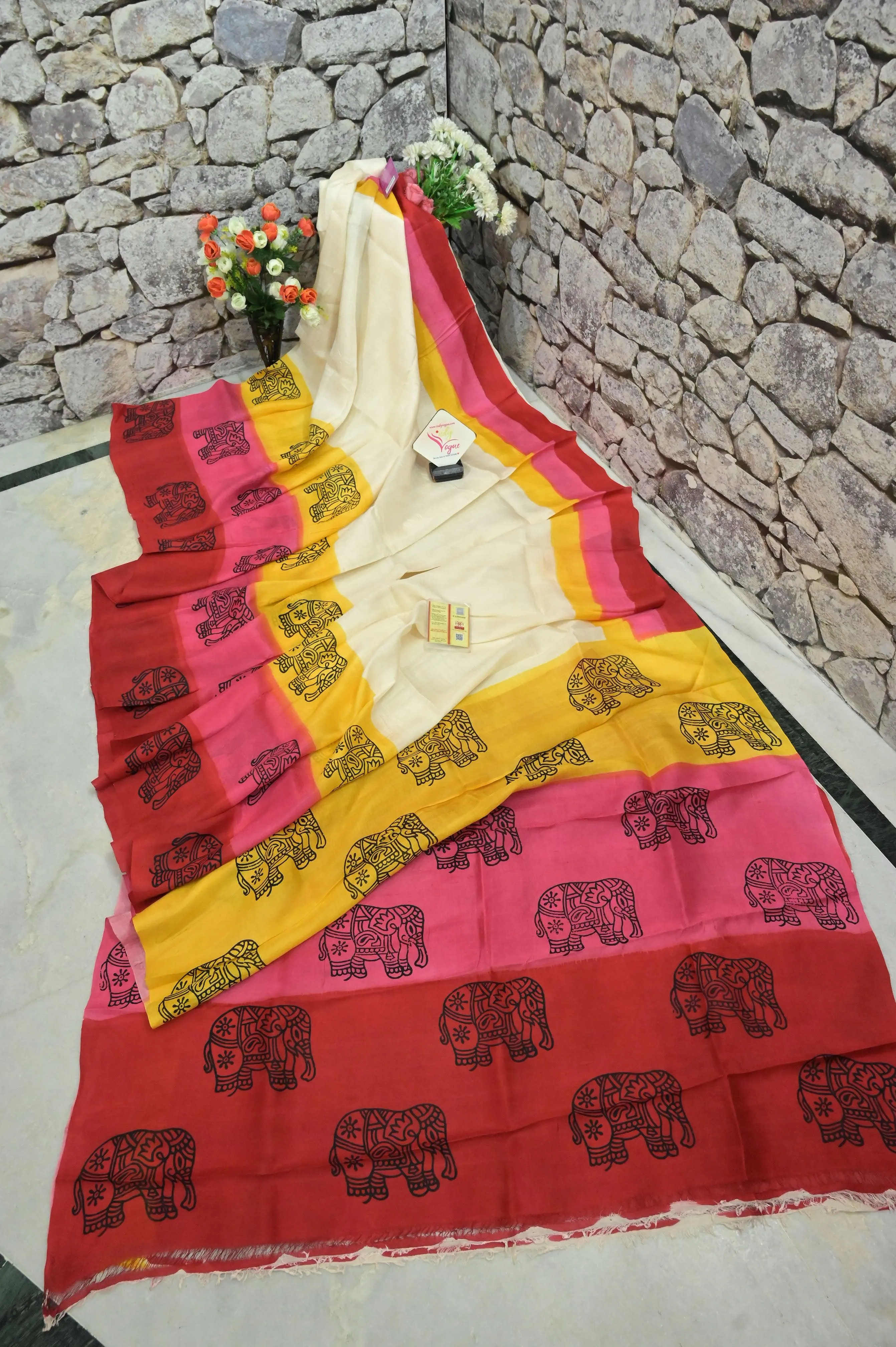 Multicolored Pure Bishnupur Silk with Brushing And Hand Block Work