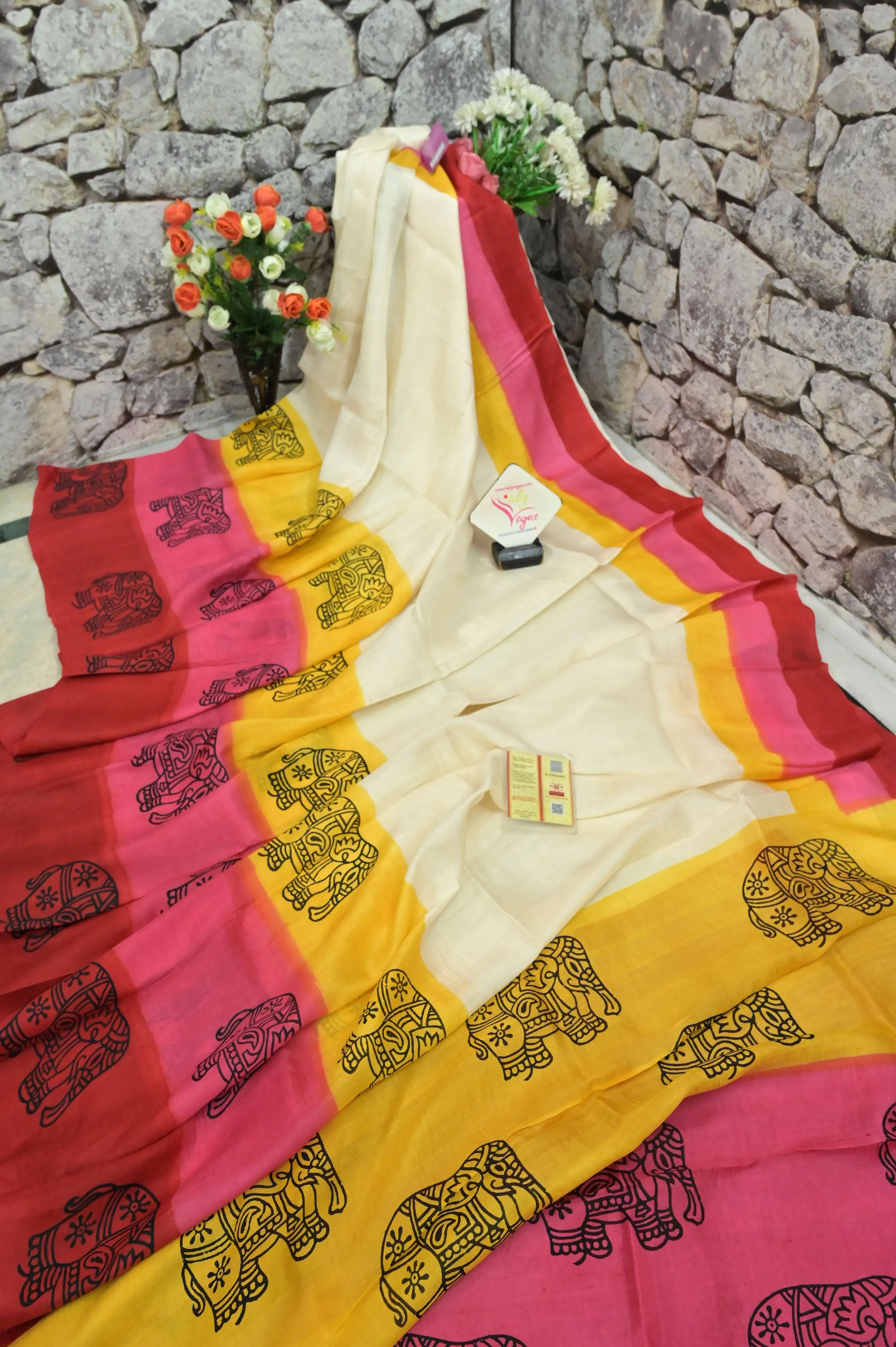 Multicolored Pure Bishnupur Silk with Brushing And Hand Block Work