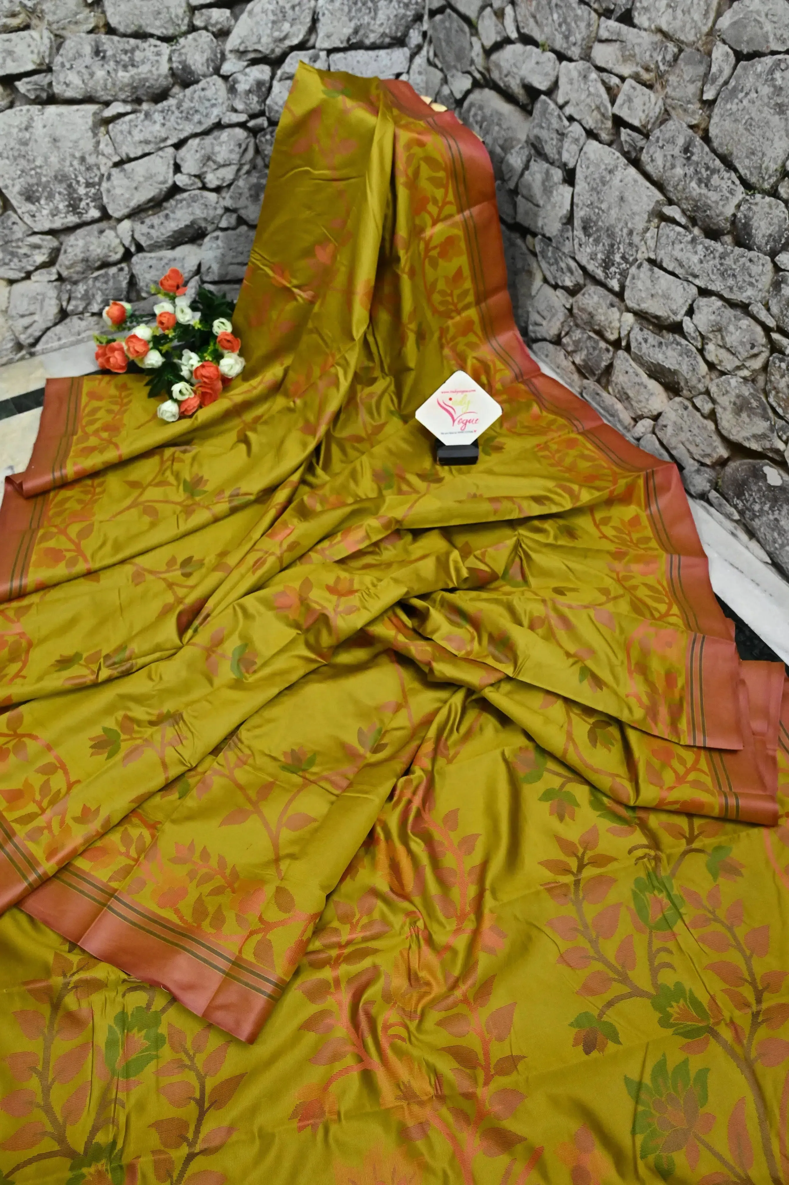 Mustard Yellow Color Bangalore Silk Saree with Allover Jamdani Style Weaving