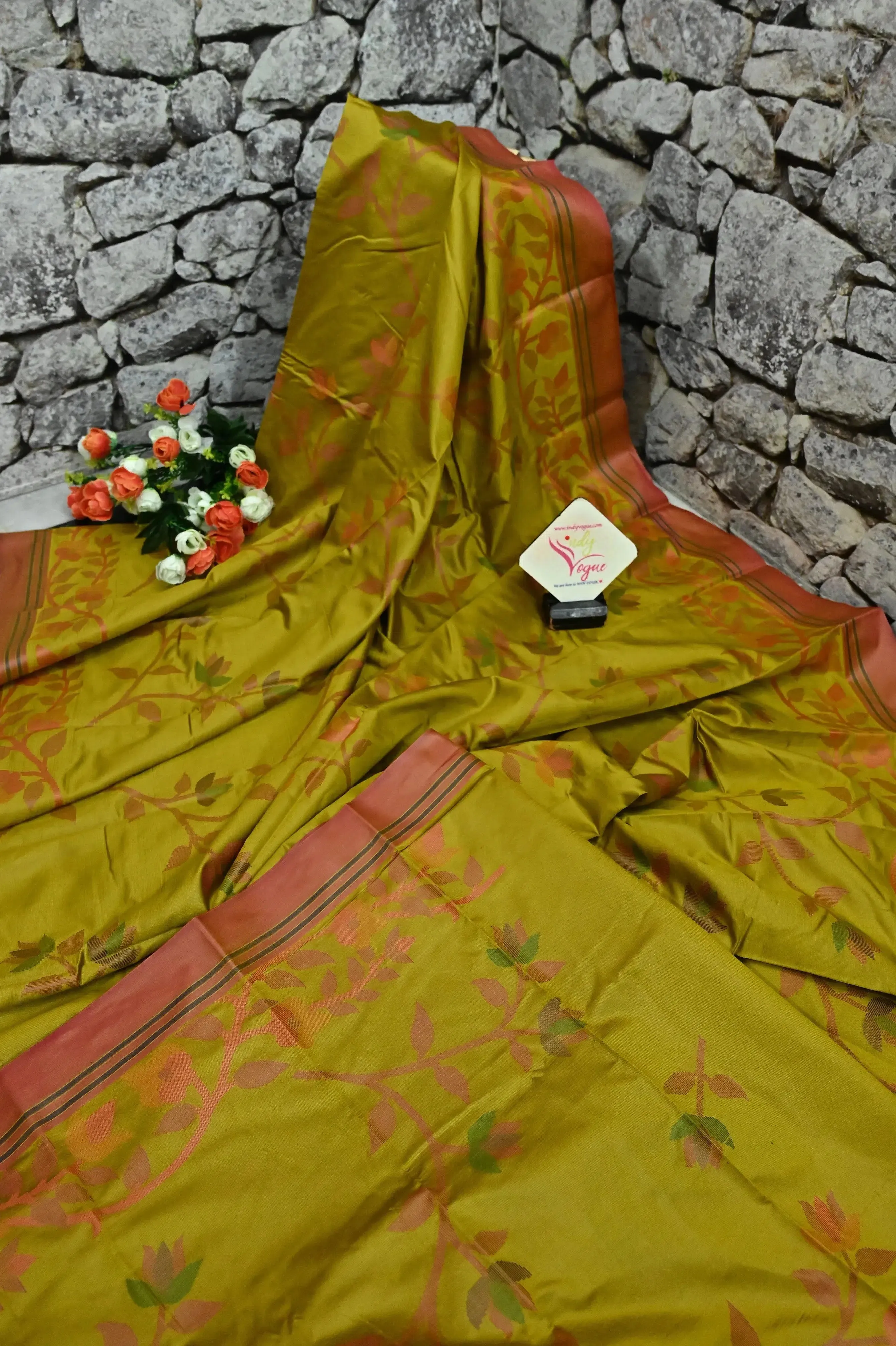 Mustard Yellow Color Bangalore Silk Saree with Allover Jamdani Style Weaving