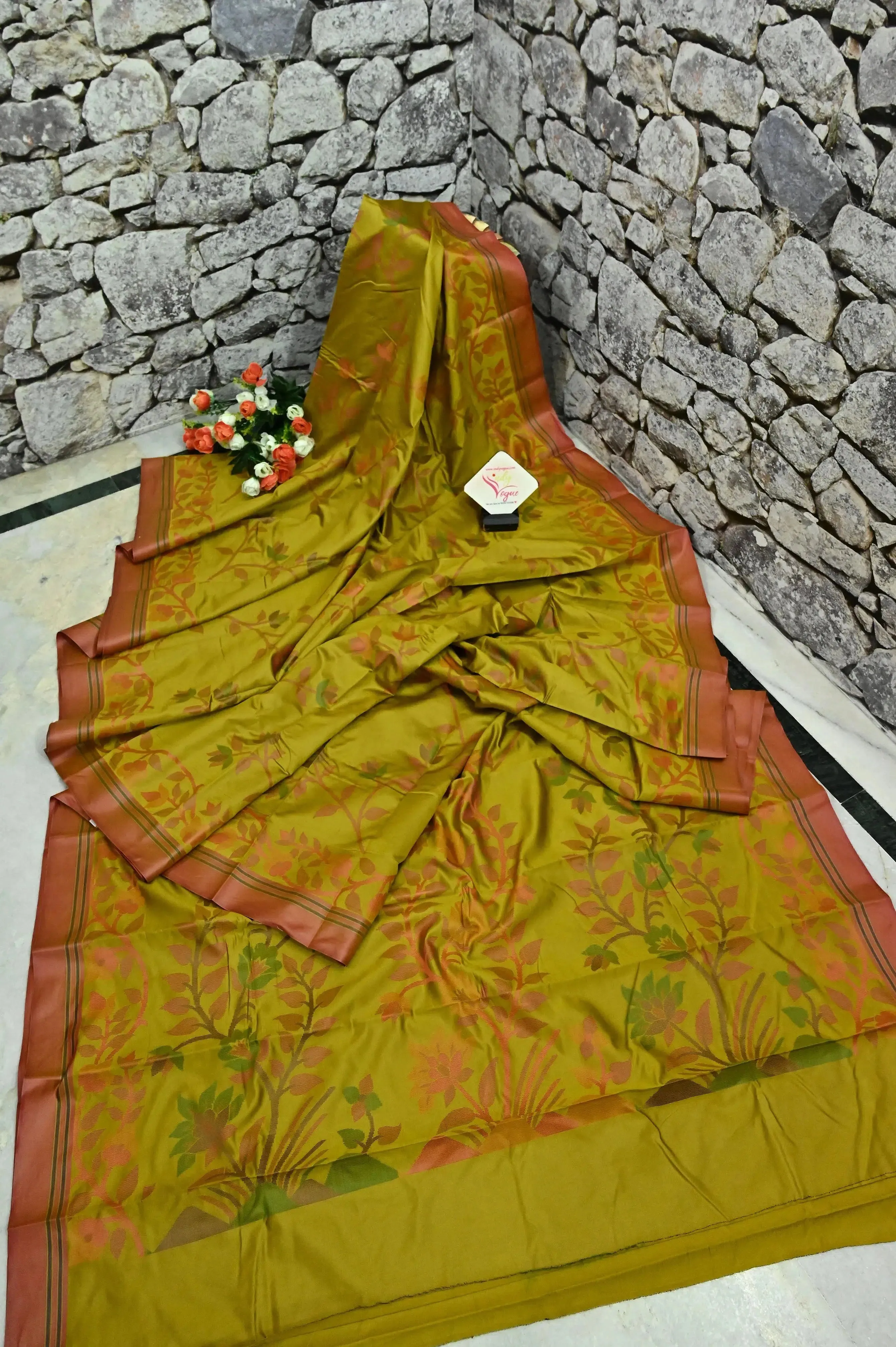 Mustard Yellow Color Bangalore Silk Saree with Allover Jamdani Style Weaving