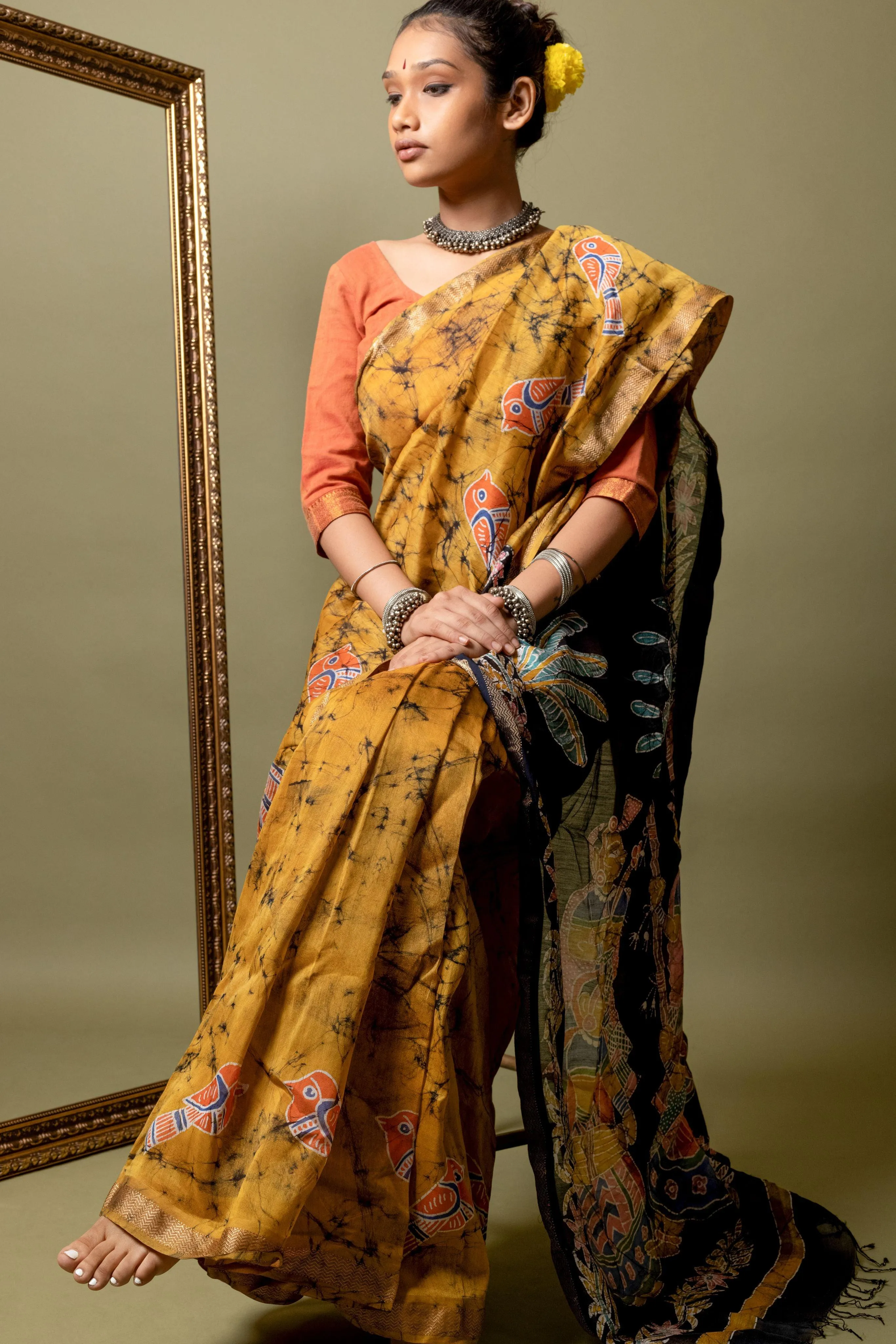 Narmada - Shagun Batik Mustard Phad Maheswari saree