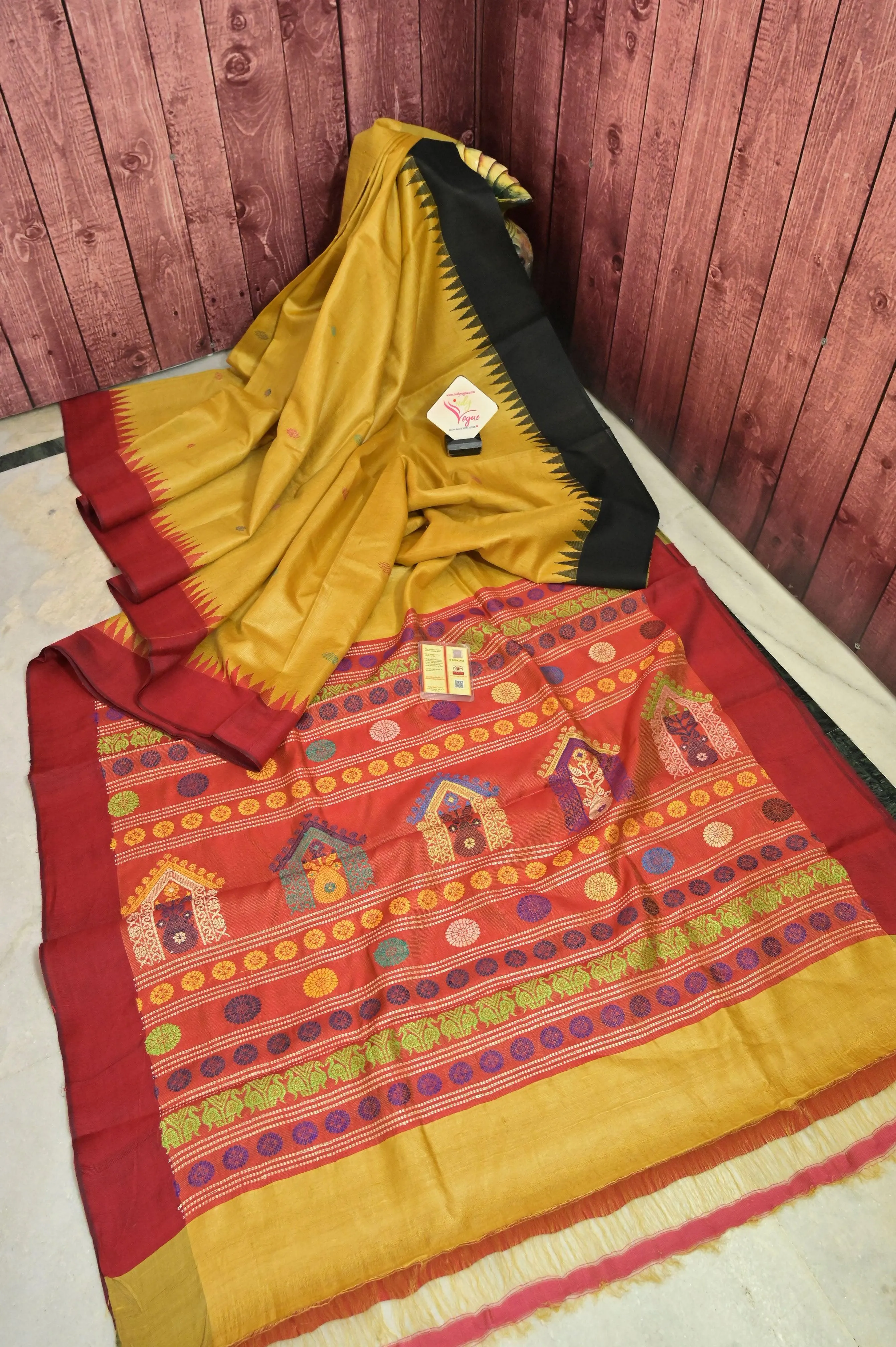 Ochre Yellow Color Ghicha Tussar Silk Saree with Dolabedi Pallu and Ganga Jamuna Border