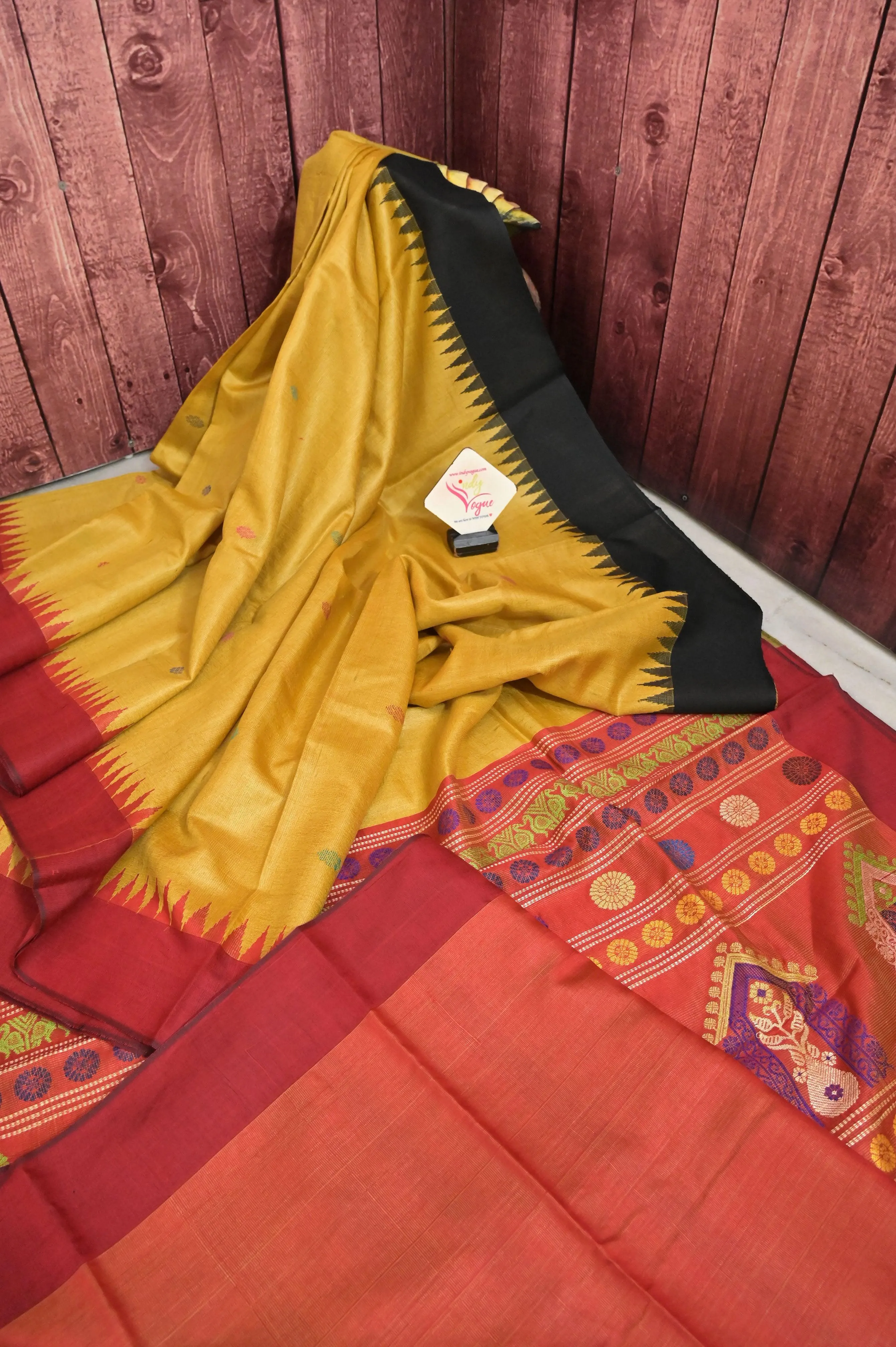 Ochre Yellow Color Ghicha Tussar Silk Saree with Dolabedi Pallu and Ganga Jamuna Border