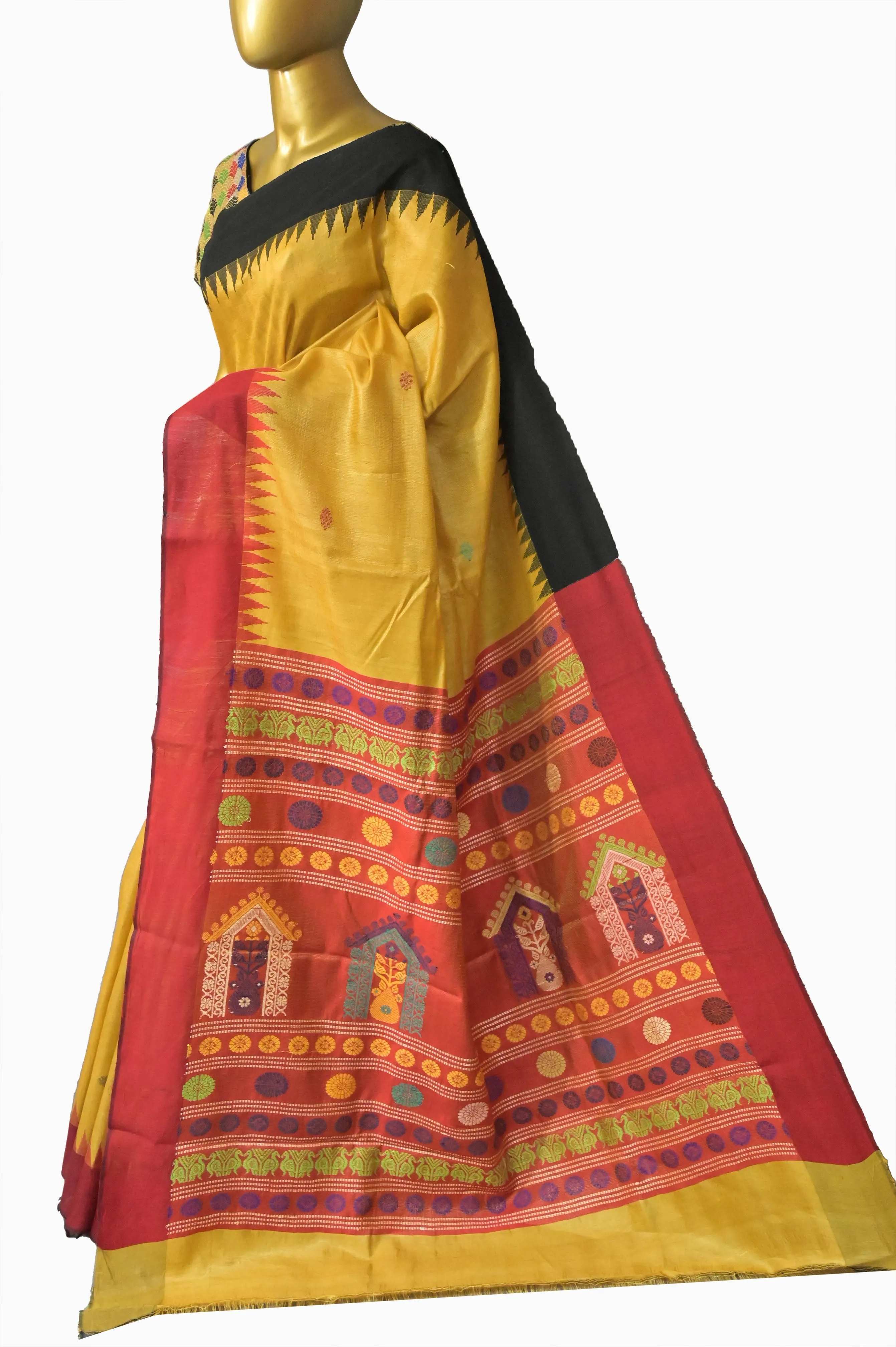 Ochre Yellow Color Ghicha Tussar Silk Saree with Dolabedi Pallu and Ganga Jamuna Border