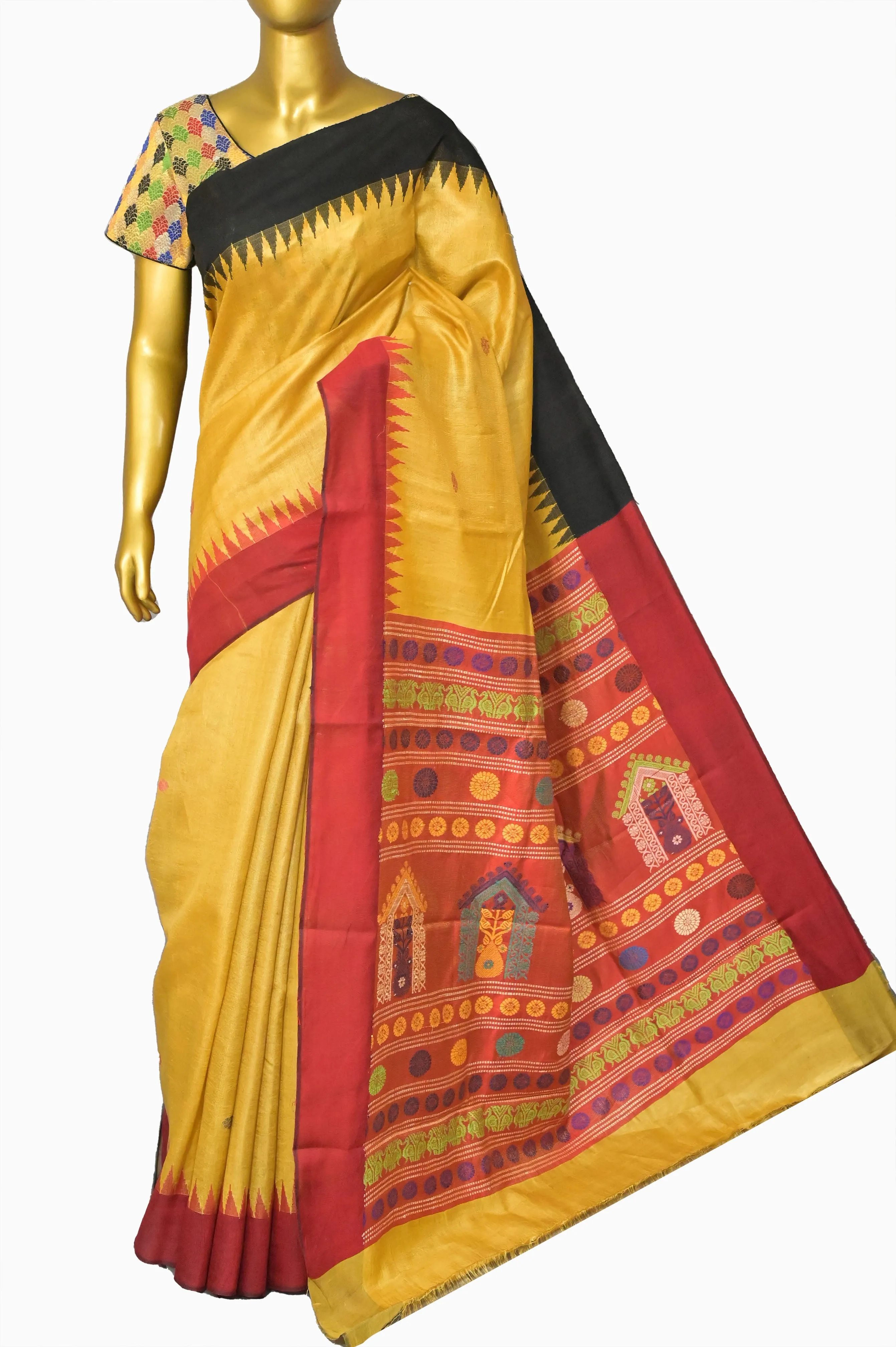 Ochre Yellow Color Ghicha Tussar Silk Saree with Dolabedi Pallu and Ganga Jamuna Border