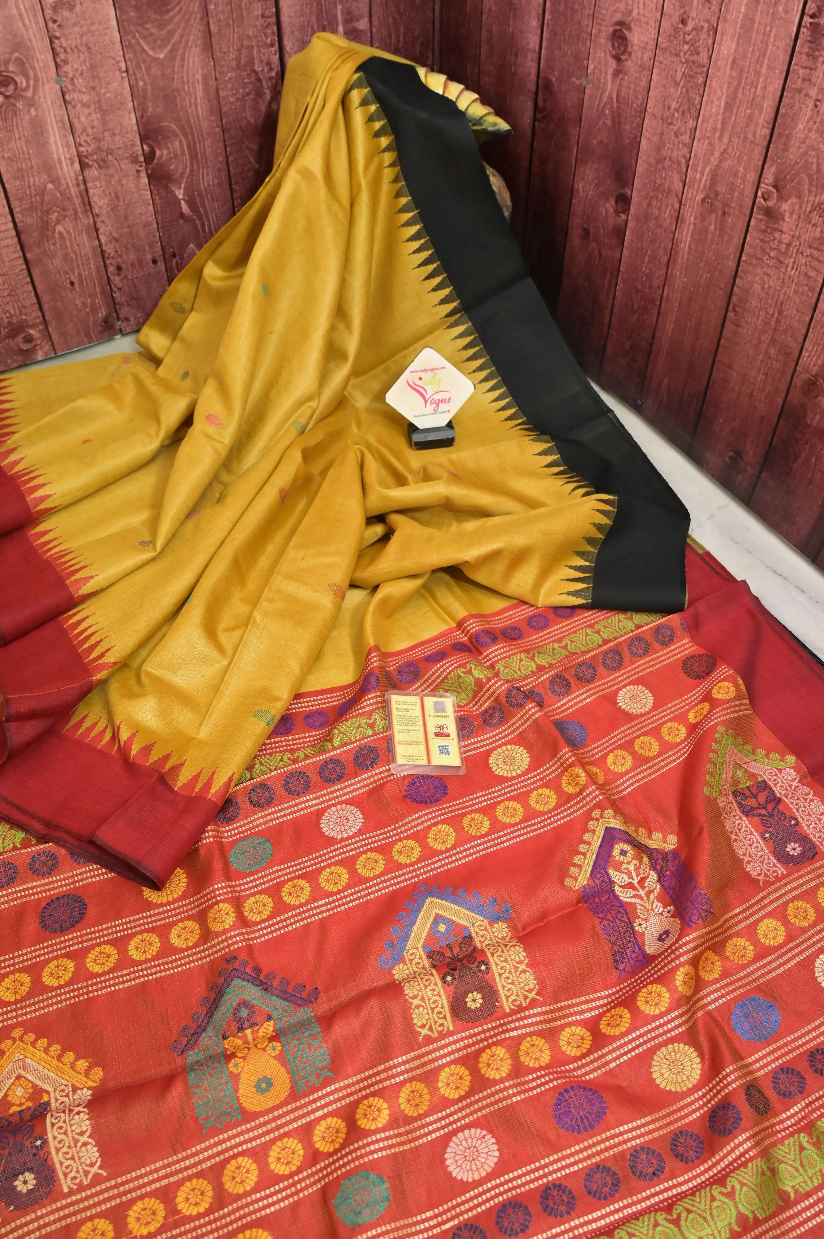 Ochre Yellow Color Ghicha Tussar Silk Saree with Dolabedi Pallu and Ganga Jamuna Border