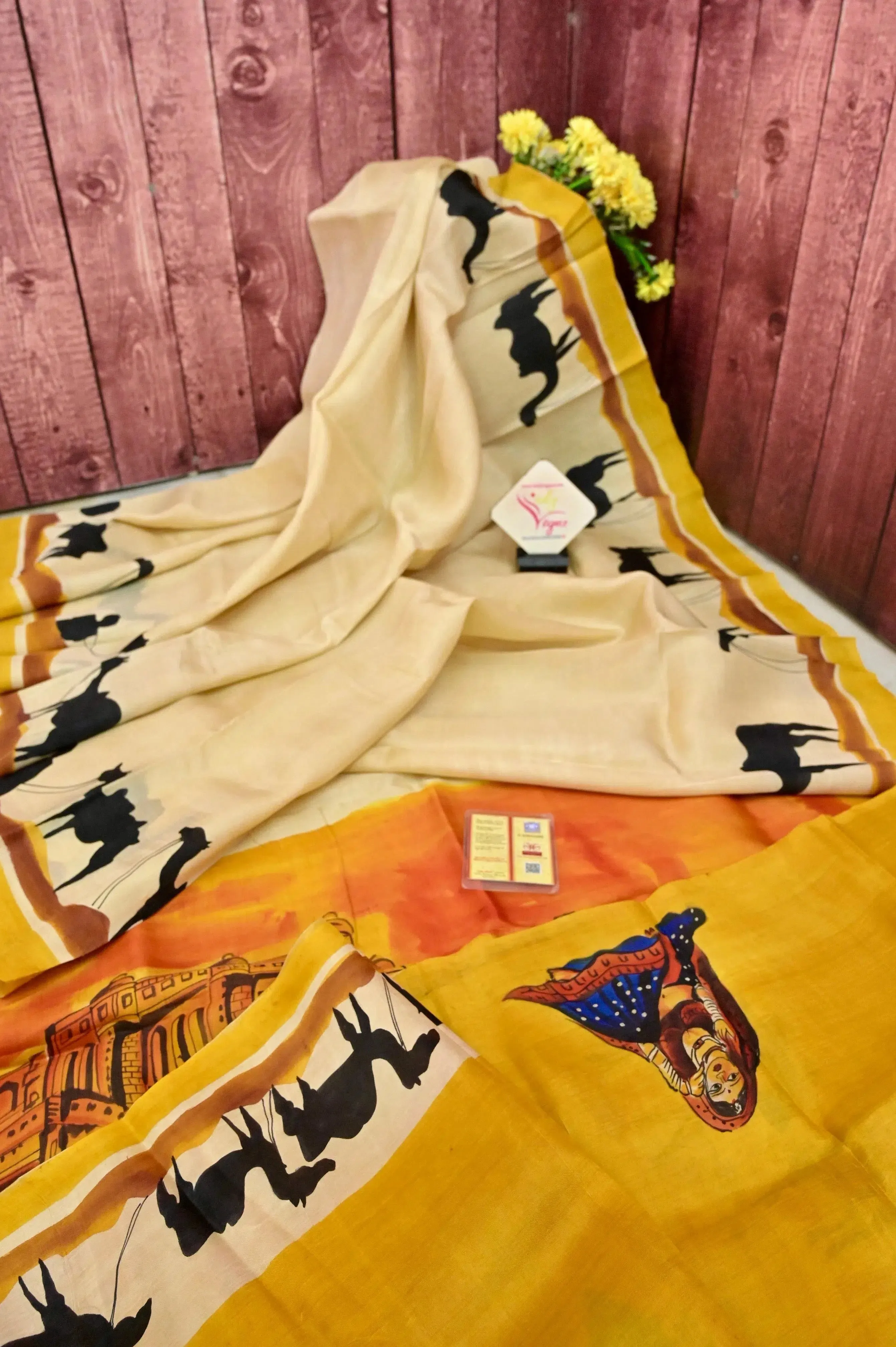 Offwhite Color Hand Painted Pure Bishnupur Silk Saree with Rajasthani Theme