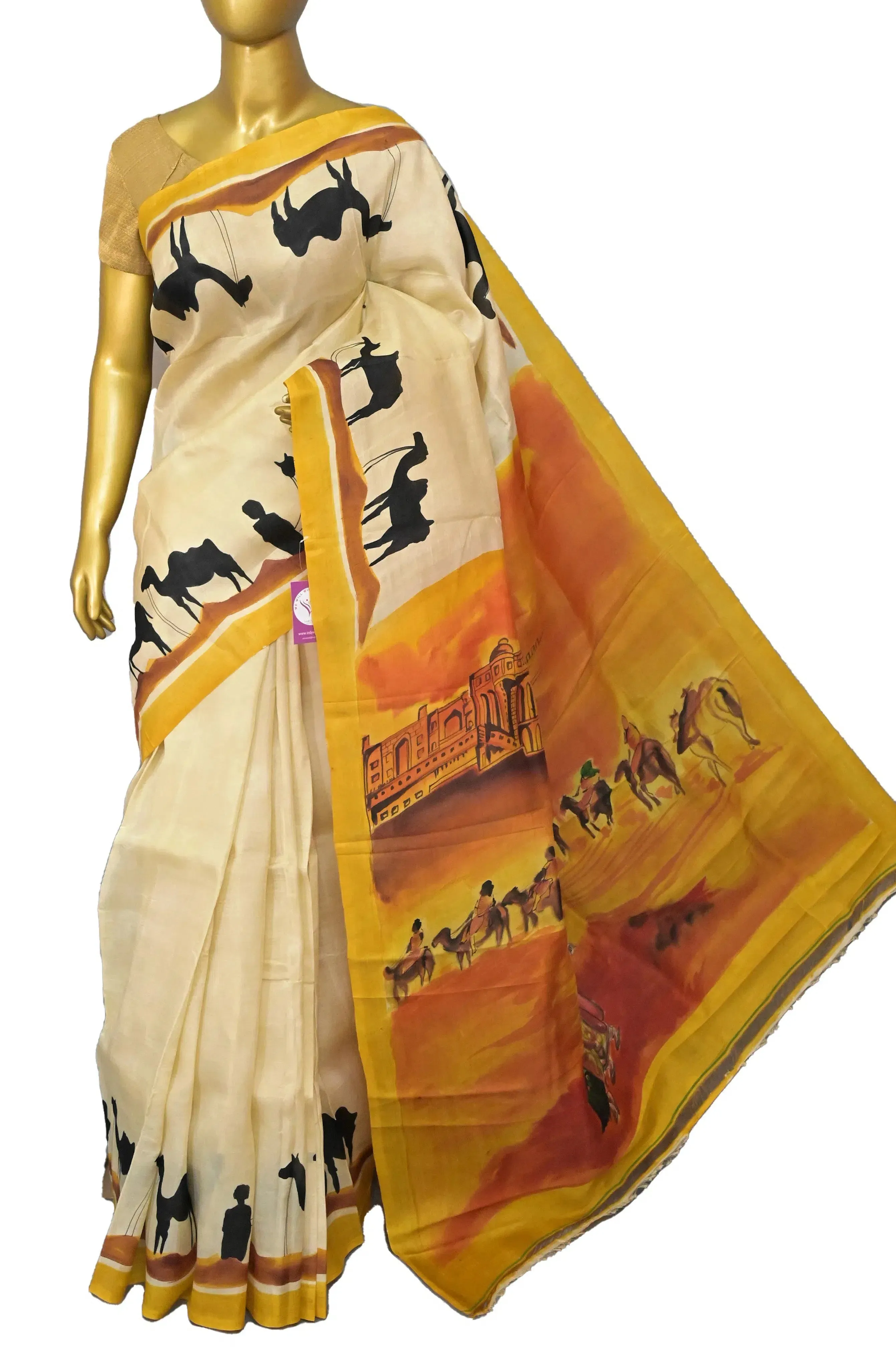 Offwhite Color Hand Painted Pure Bishnupur Silk Saree with Rajasthani Theme