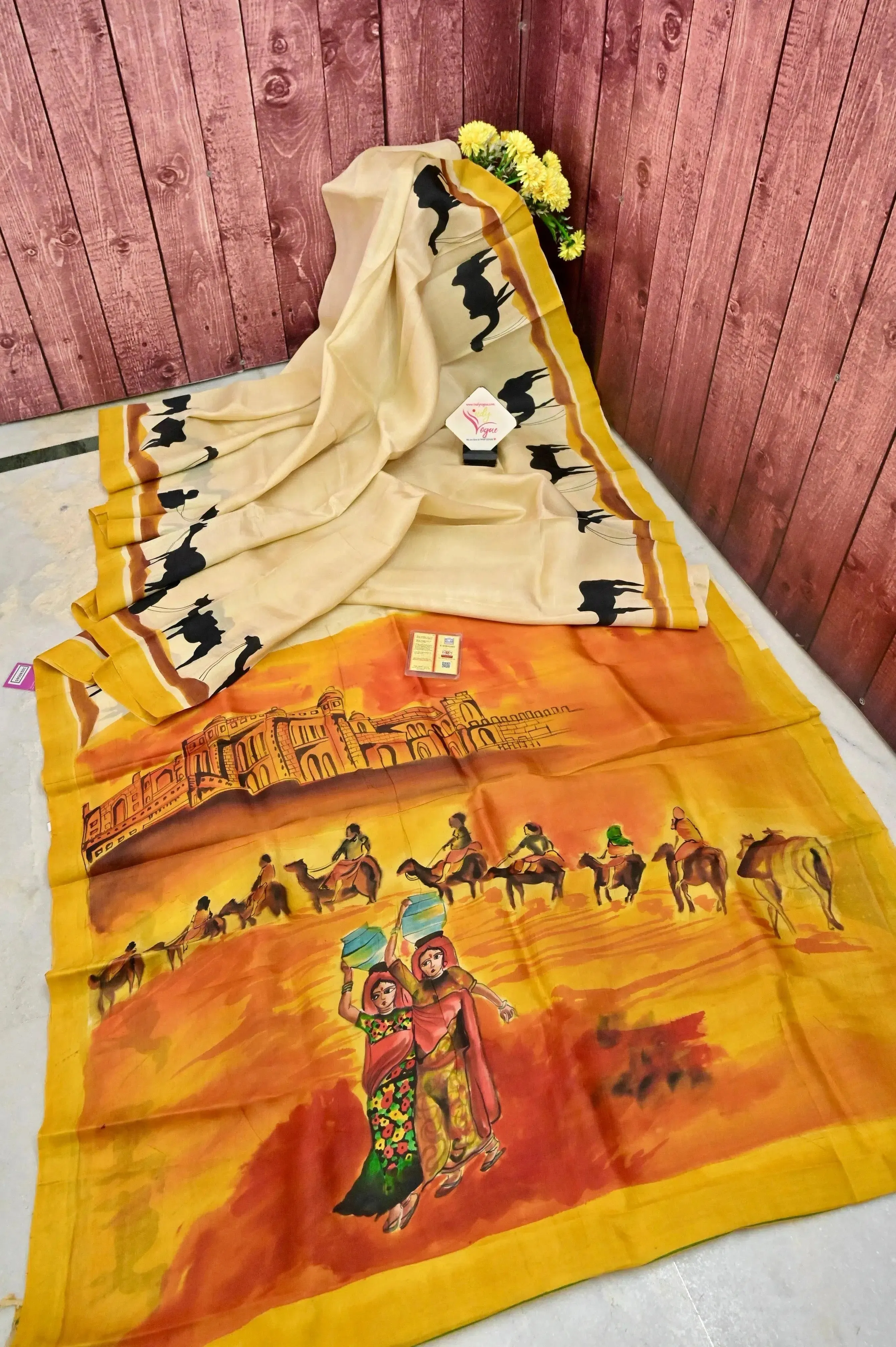 Offwhite Color Hand Painted Pure Bishnupur Silk Saree with Rajasthani Theme