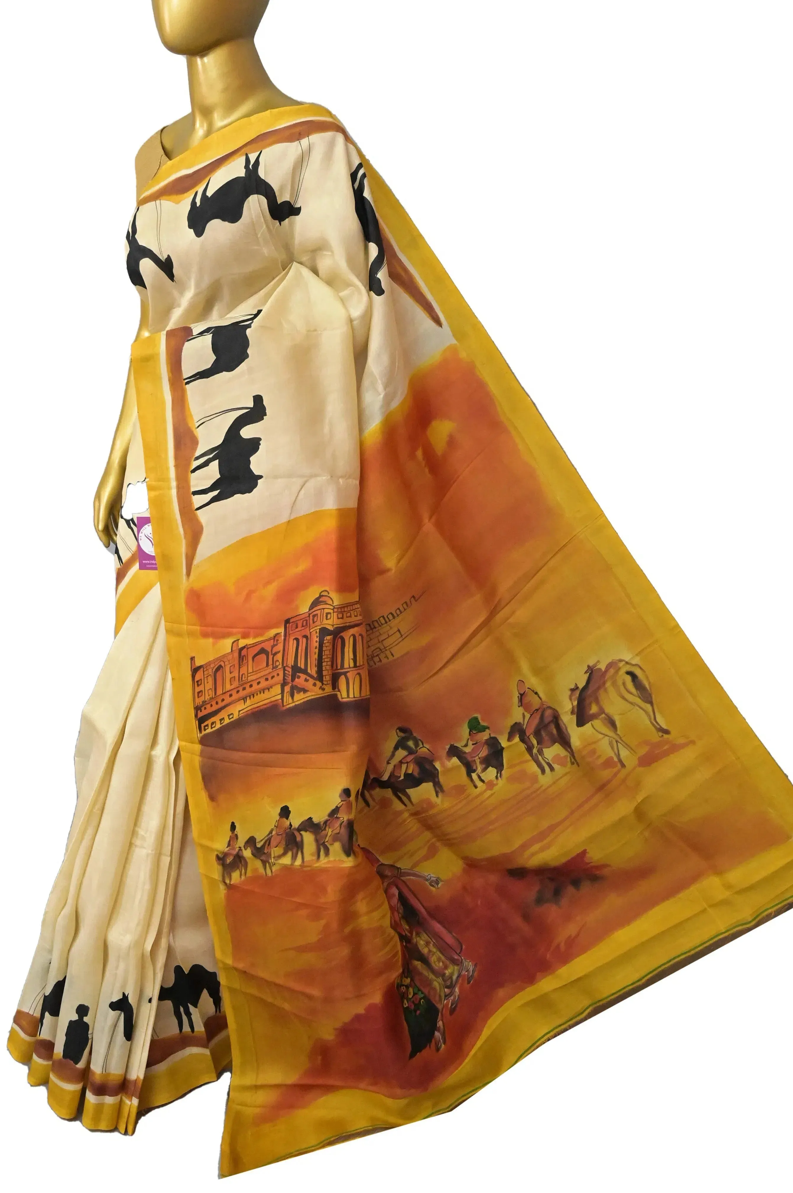 Offwhite Color Hand Painted Pure Bishnupur Silk Saree with Rajasthani Theme