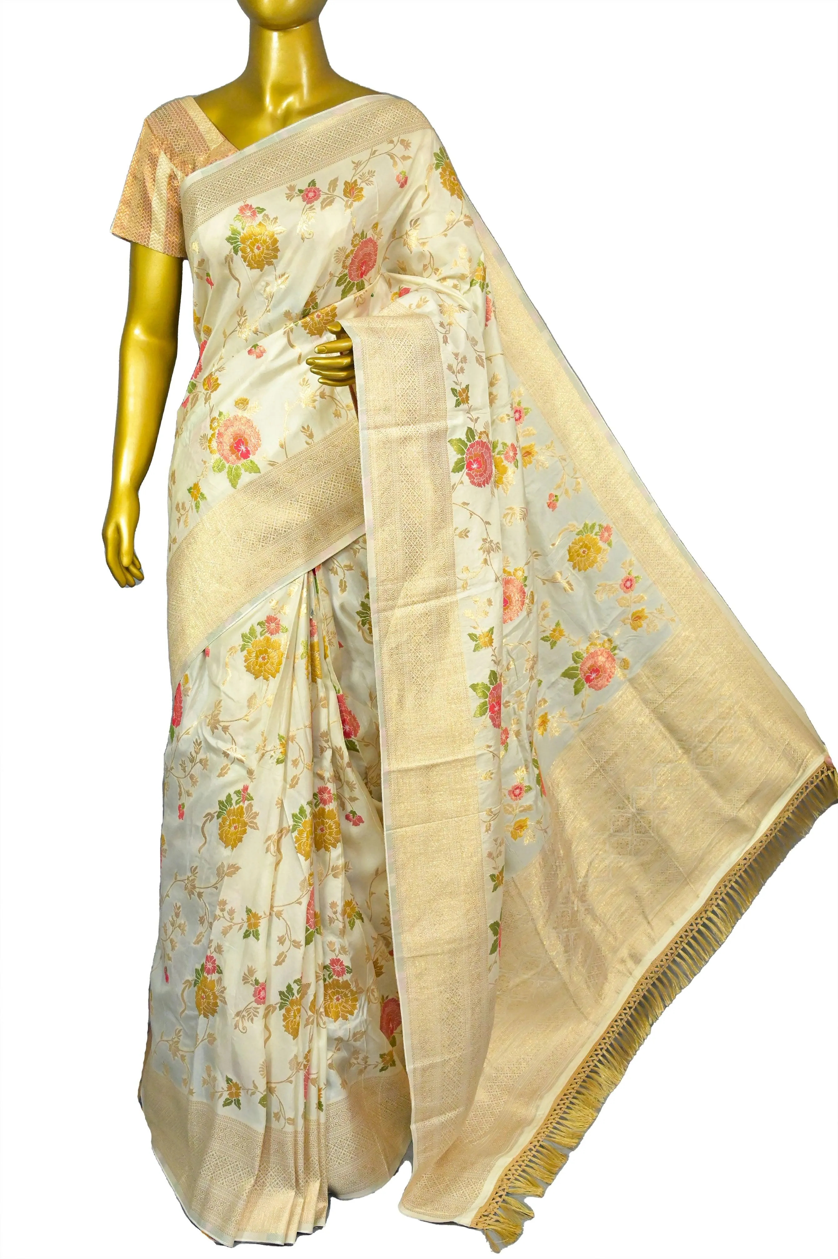 Offwhite Color Muga Banarasi Saree with Allover Golden Zari Work