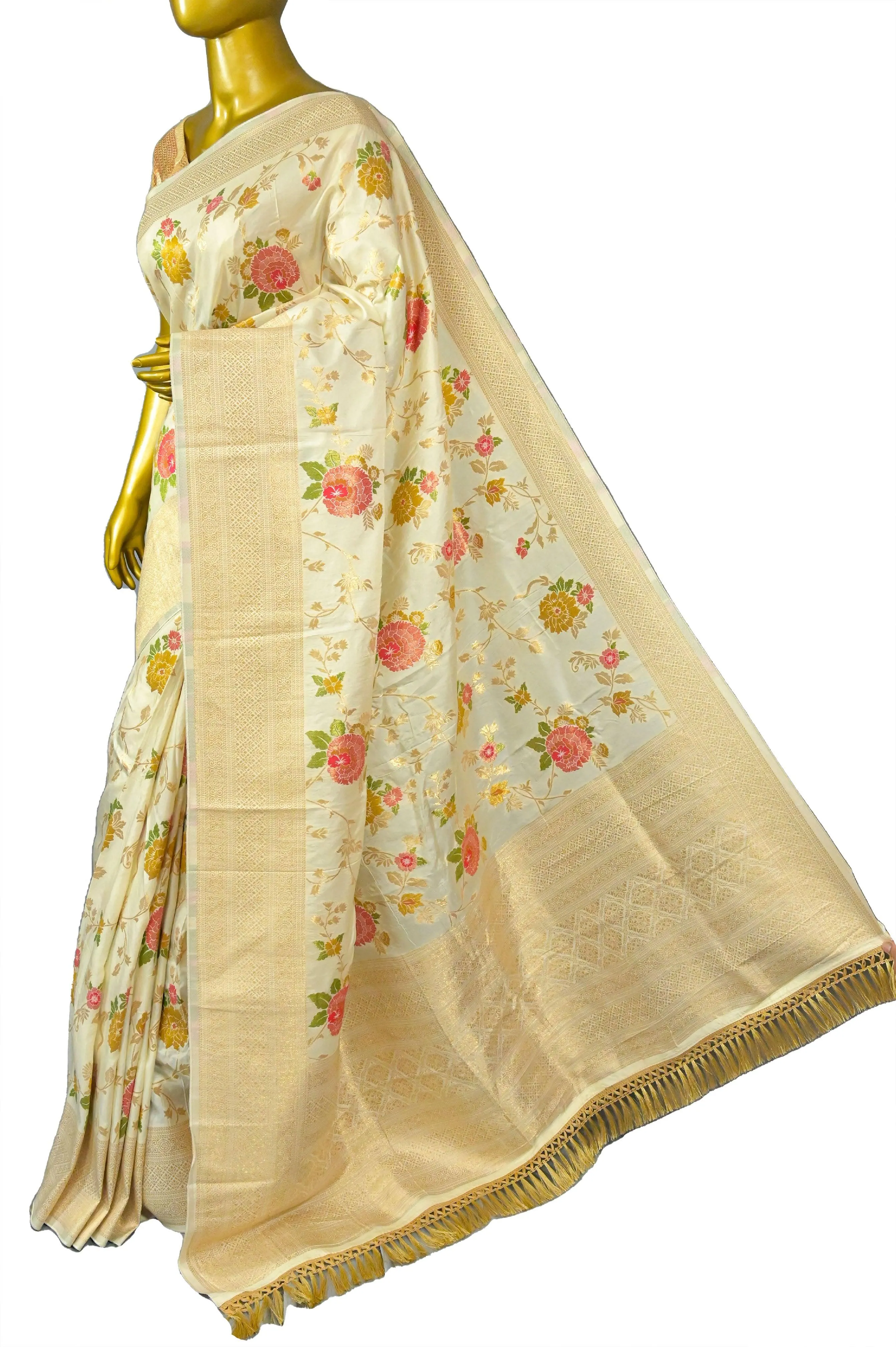 Offwhite Color Muga Banarasi Saree with Allover Golden Zari Work