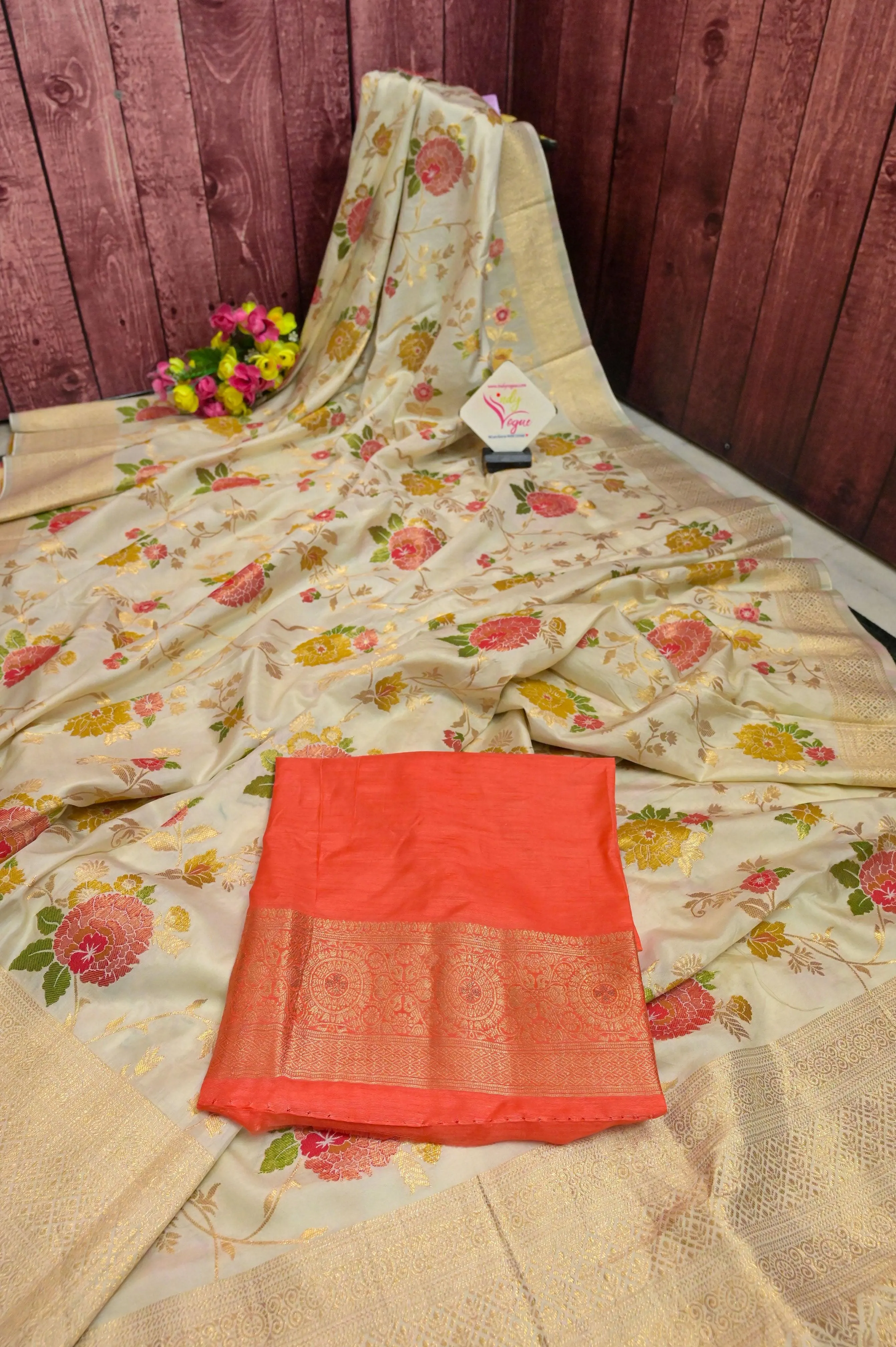 Offwhite Color Muga Banarasi Saree with Allover Golden Zari Work