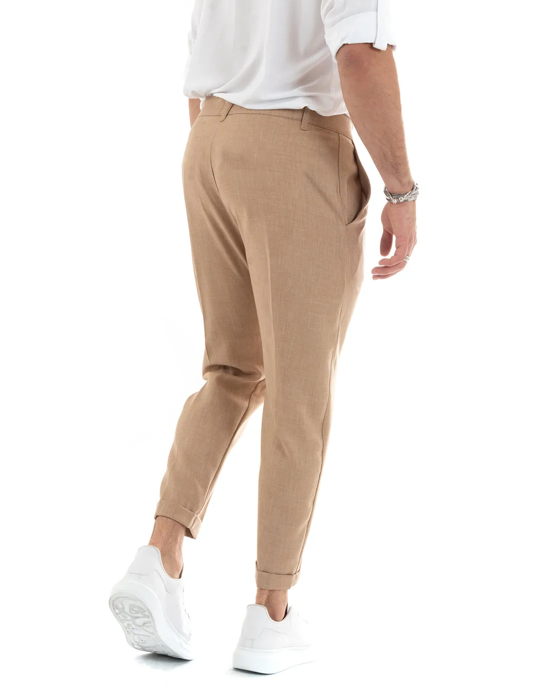 Pantaloni Uomo Tasca America Classico Camel Melangiato Abbottonatura Allungata Casual GIOSAL-P6052A