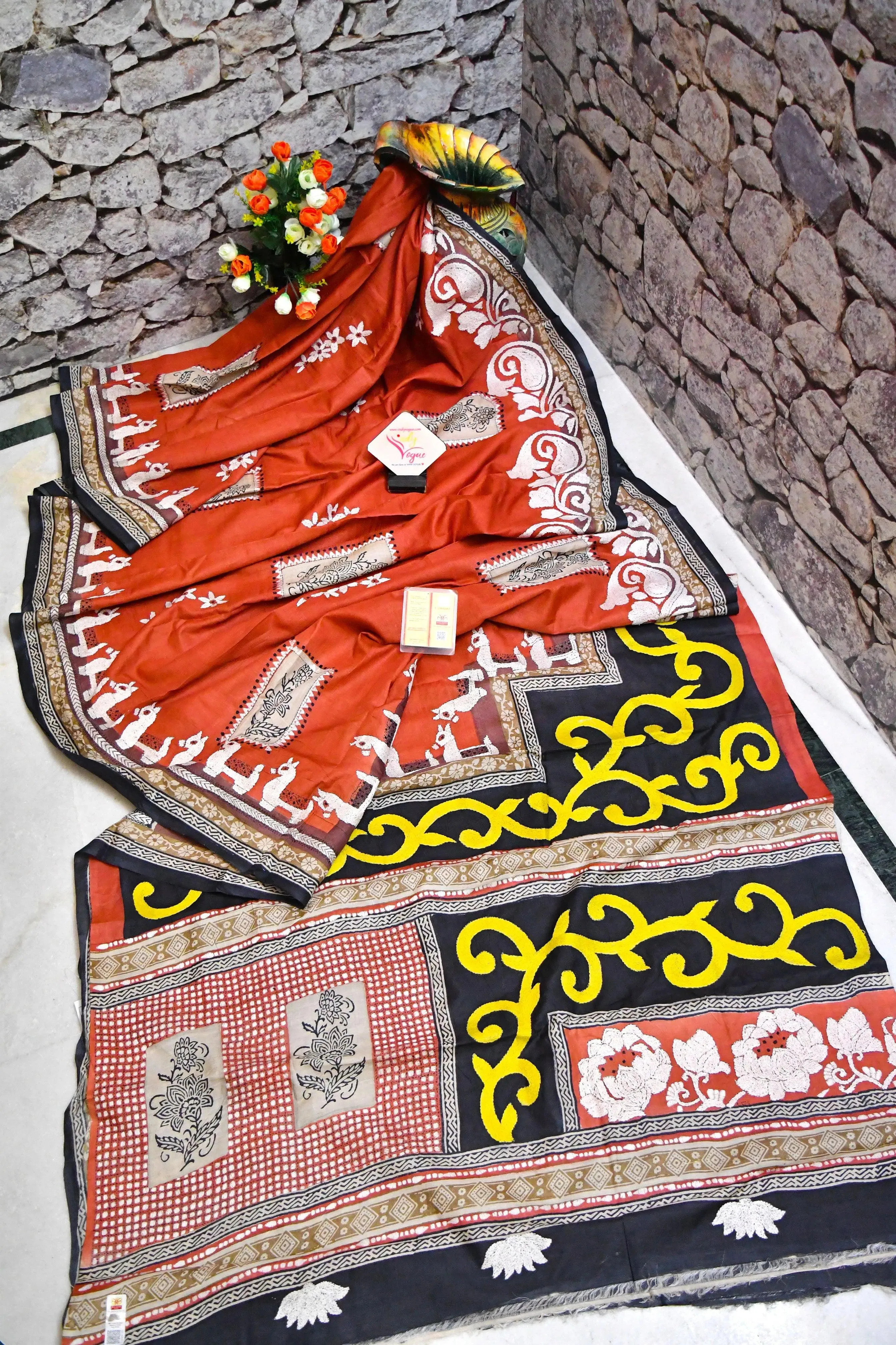 Rust Color Pure Gachi Tussar Silk Saree with Hand Block and Hand Kantha Stitch Embroidery