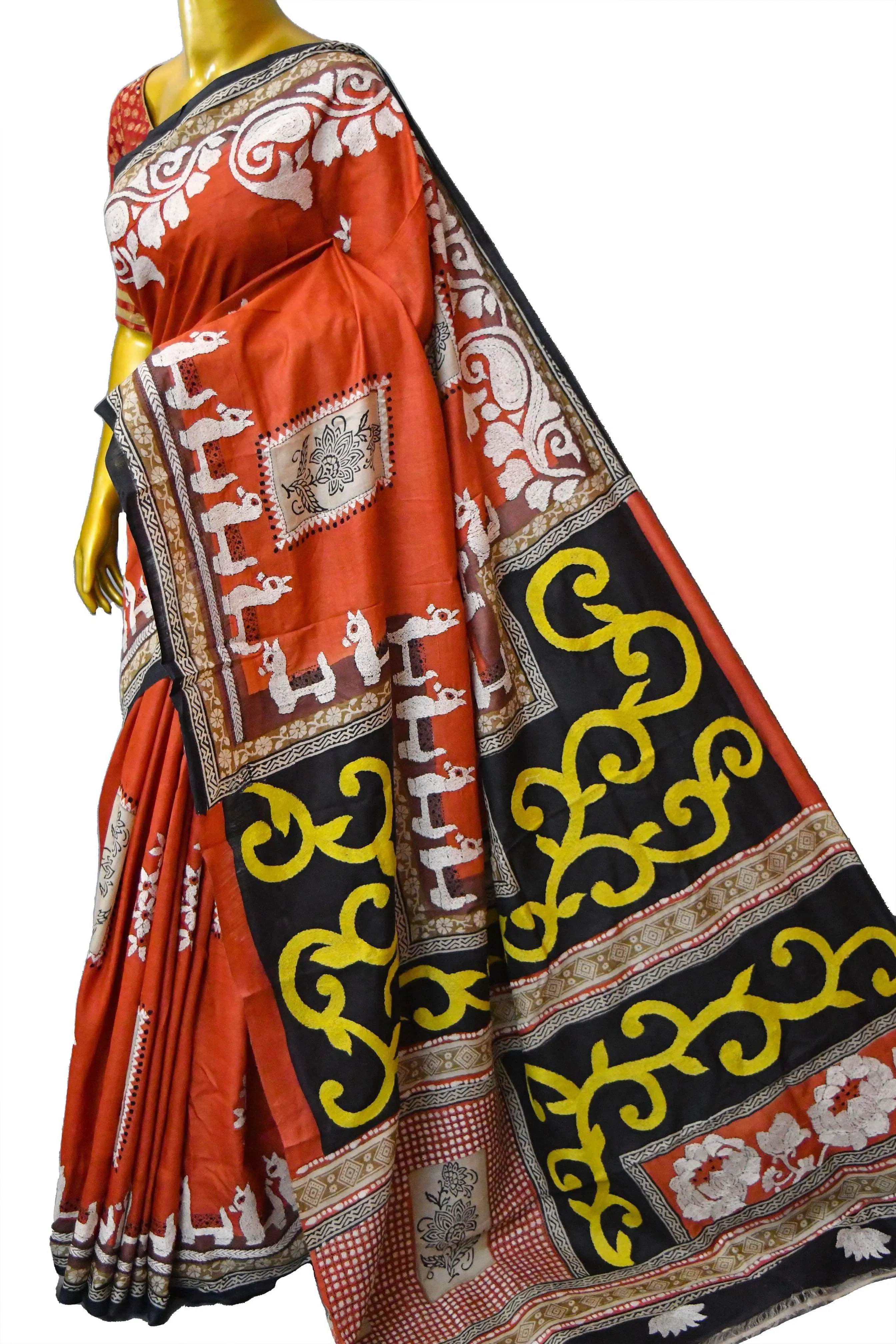 Rust Color Pure Gachi Tussar Silk Saree with Hand Block and Hand Kantha Stitch Embroidery