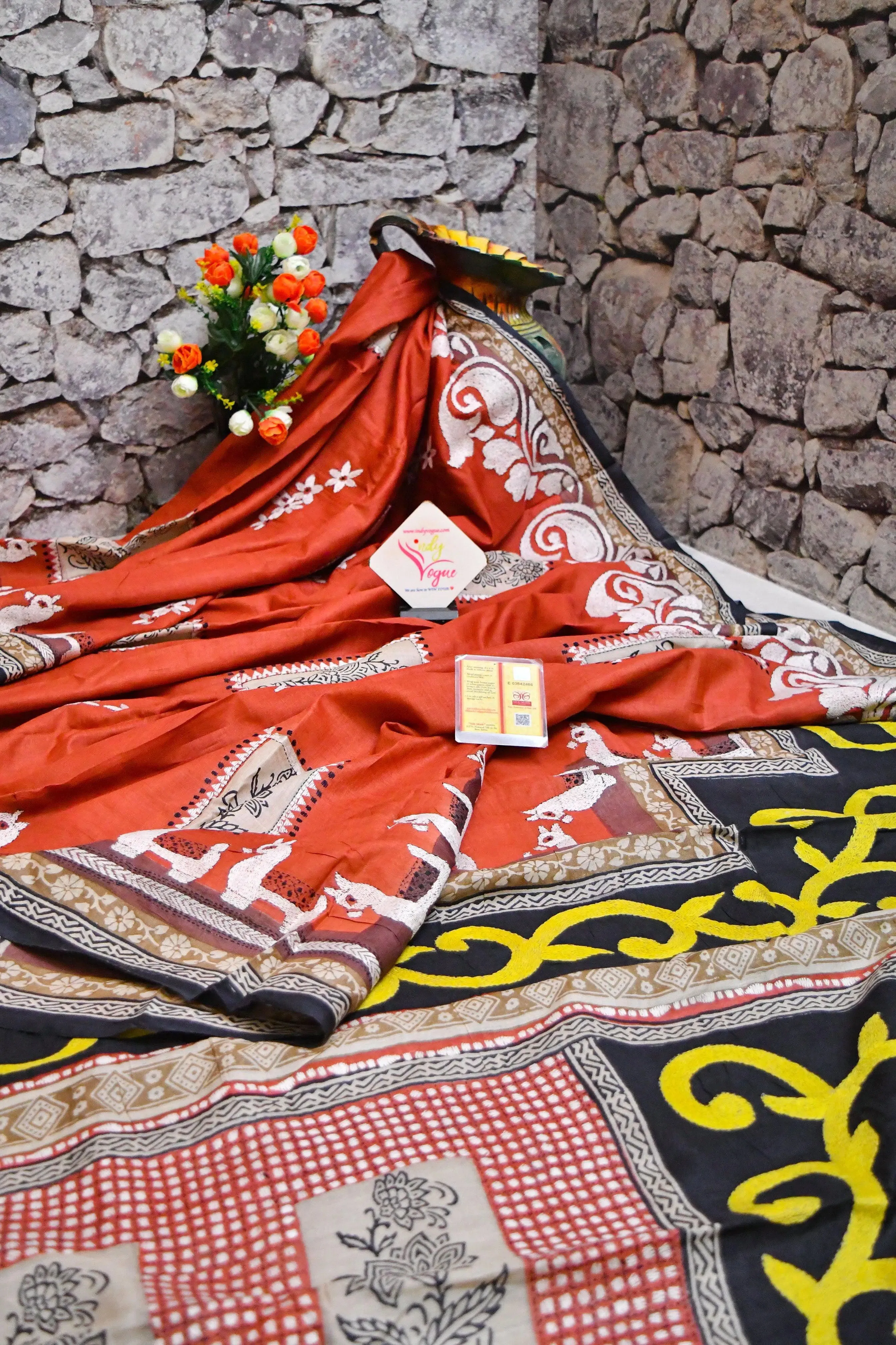 Rust Color Pure Gachi Tussar Silk Saree with Hand Block and Hand Kantha Stitch Embroidery