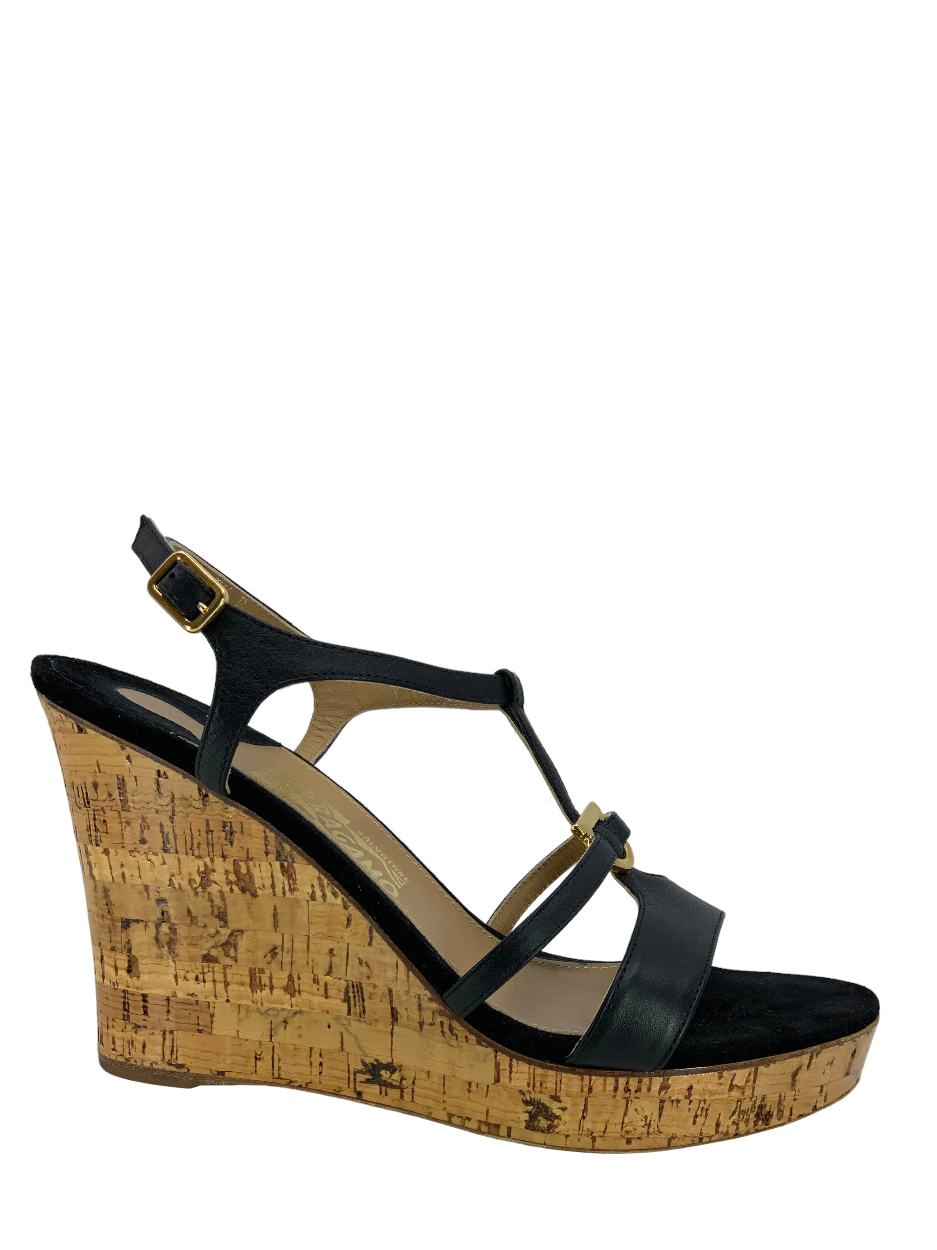 Salvatore Ferragamo Black Leather Savita Cork Wedge Size 7.5