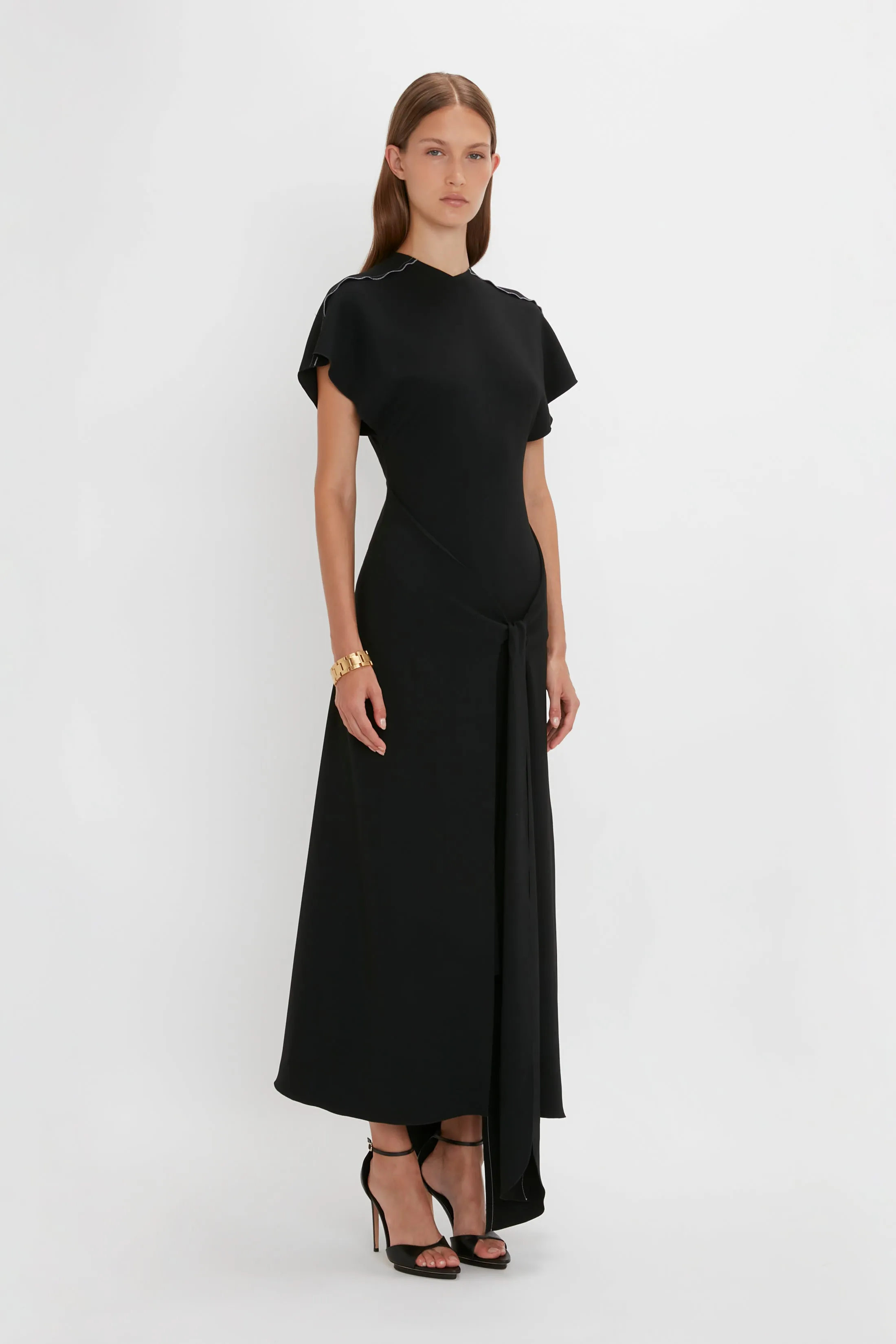 Short Sleeve Tie Detail Dress In Black