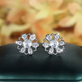 Silvery Exquisite Flower Design Shiny Zircon Decor Stud Earrings Elegant Japanese / Korean Style Copper Jewelry Trendy Female Gift