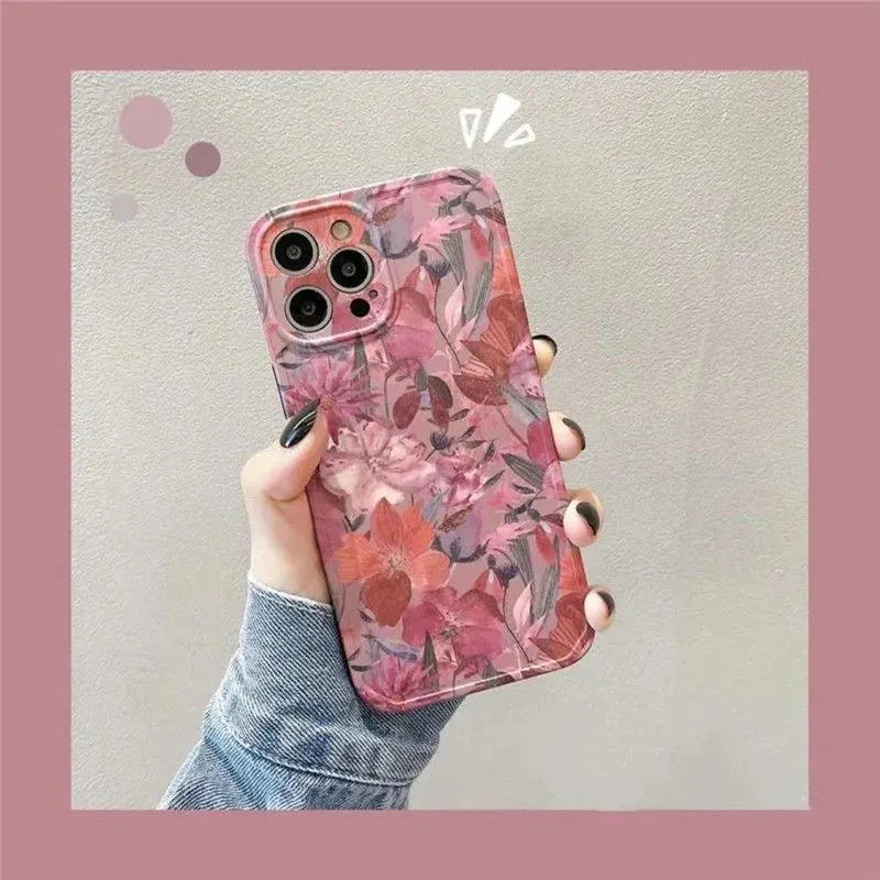 Soft Flowers and Leaves Oil Painting Cute Phone Cases for iPhone 12 Pro Max, 13, 11, 14, and 14 Pro