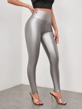 Solid Skinny PU Leather Pants