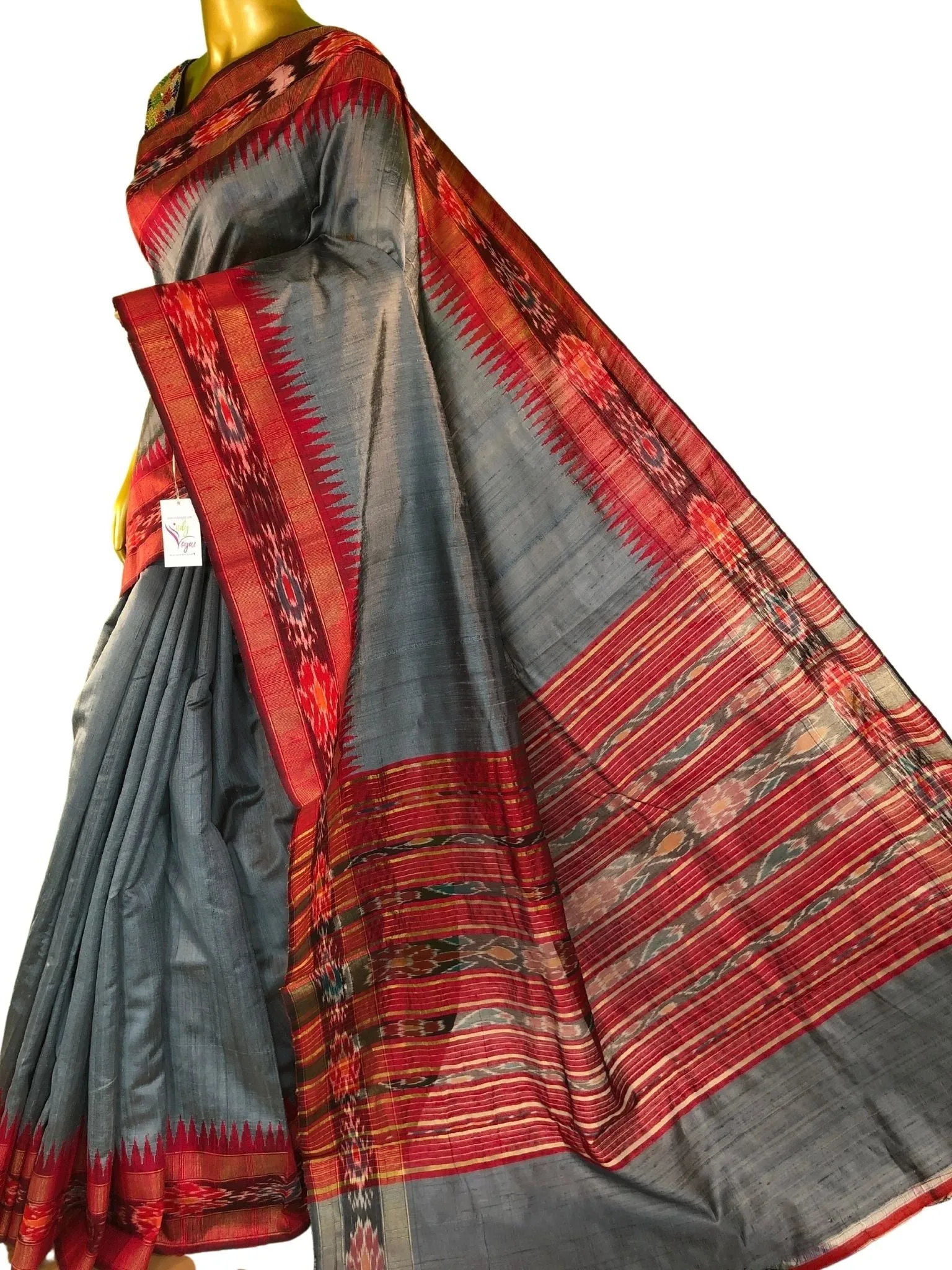 Steel and Gray Color Raw Silk Saree with Ikat Pallu & Border