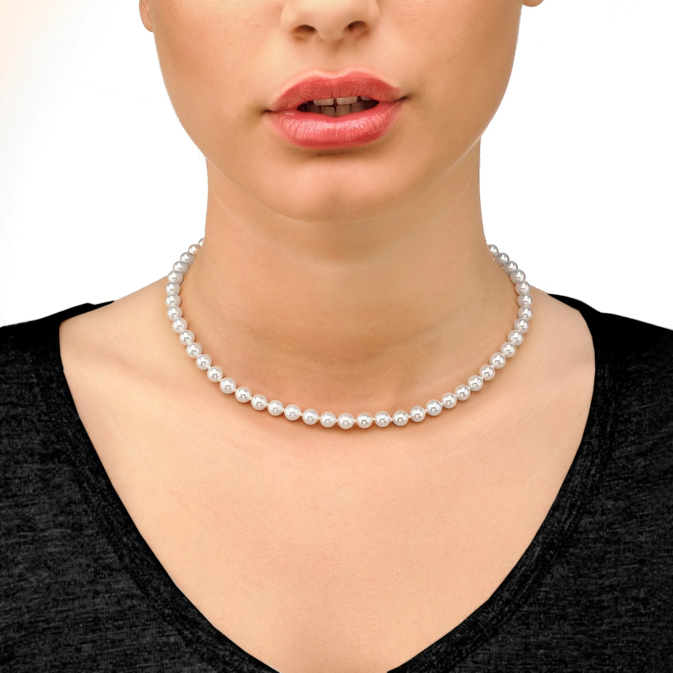 Sterling Silver Rhodium Plated Choker for Women with Organic Pearl, 6mm Round White Pearl, 15.7 Length, Lyra Collection