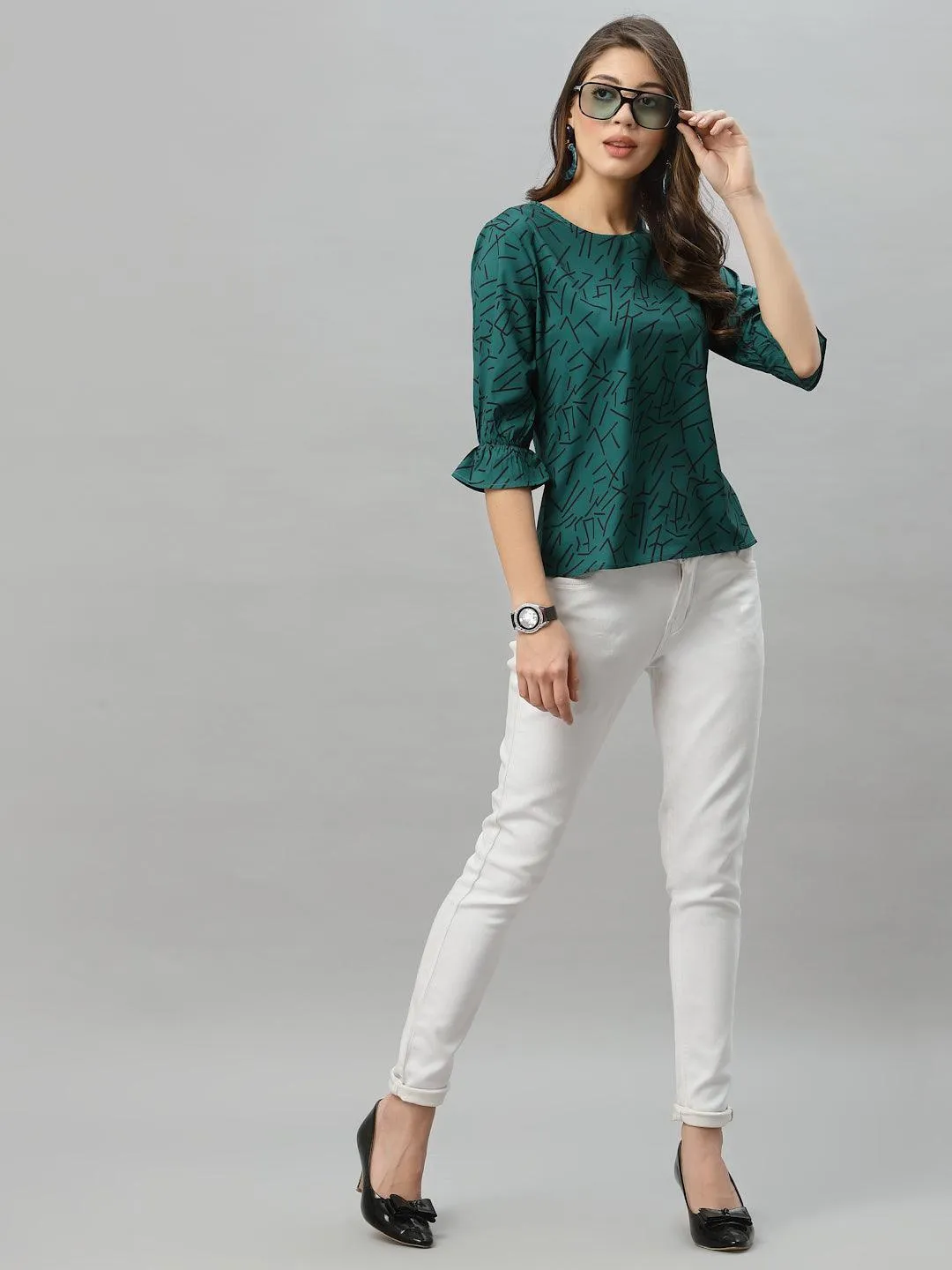 Style Quotient Women Bottle Green and Black Abstract Printed Polyester Smart Casual Top