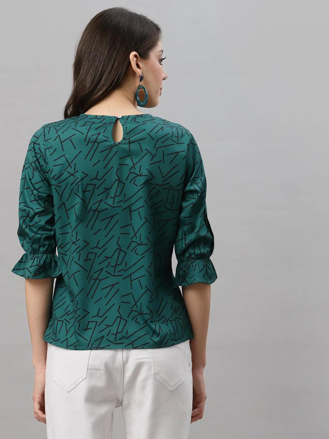 Style Quotient Women Bottle Green and Black Abstract Printed Polyester Smart Casual Top